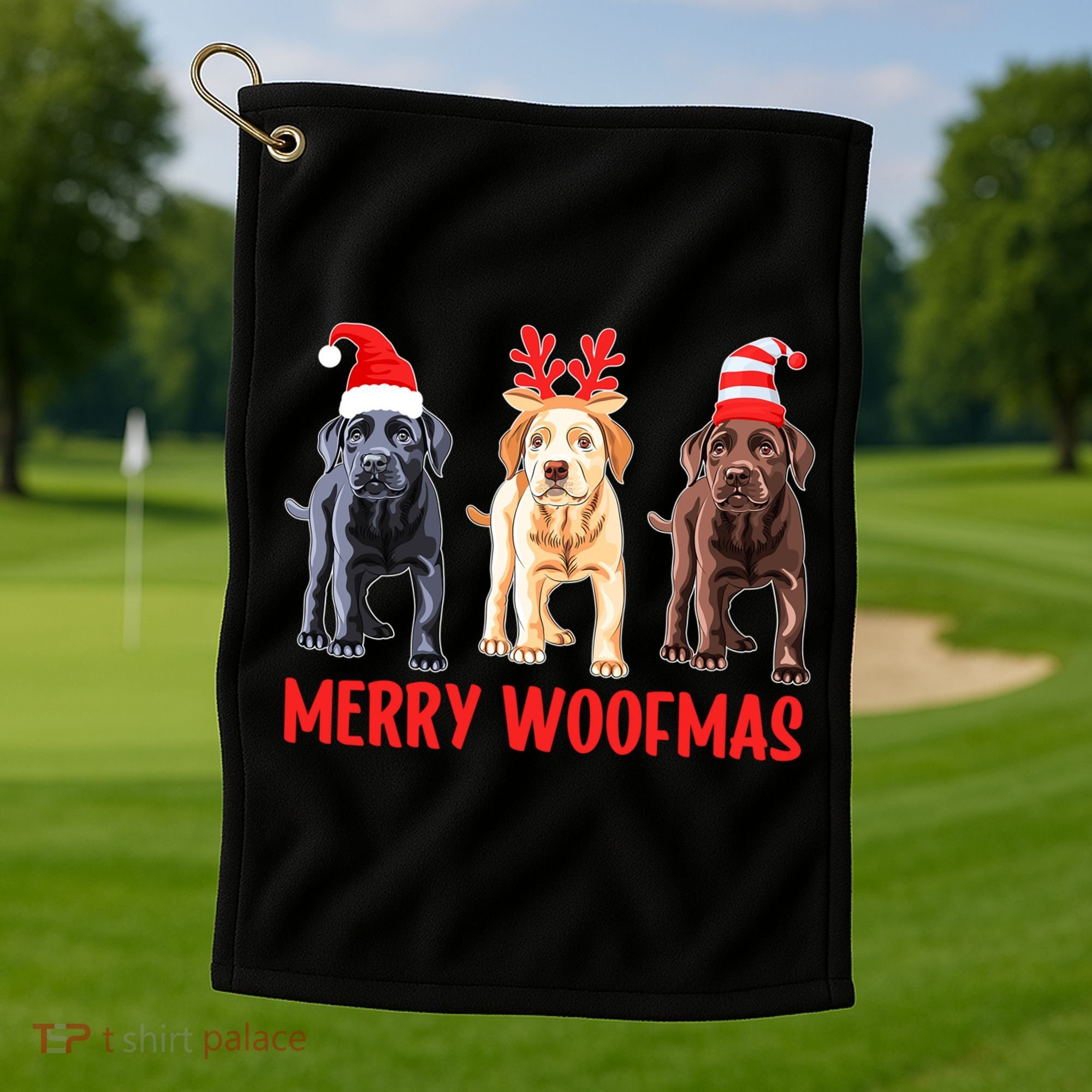 Black Yellow Chocolate Lab Christmas Labrador Merry Woofmas Gift Golf Towel