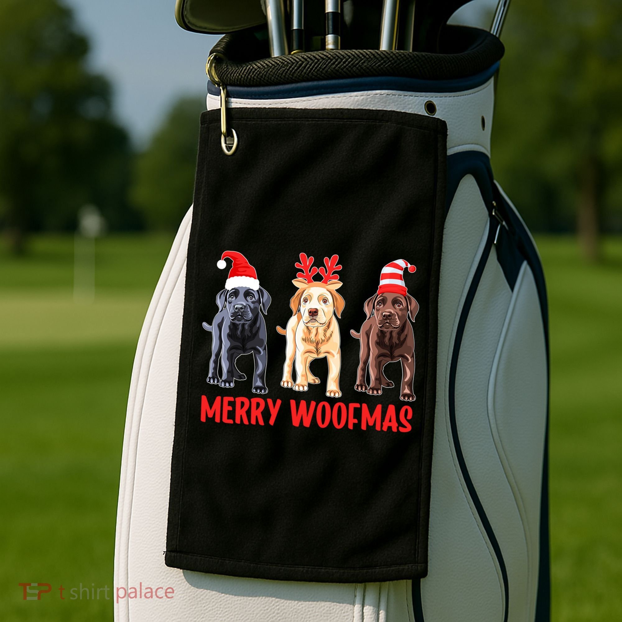 Black Yellow Chocolate Lab Christmas Labrador Merry Woofmas Gift Golf Towel