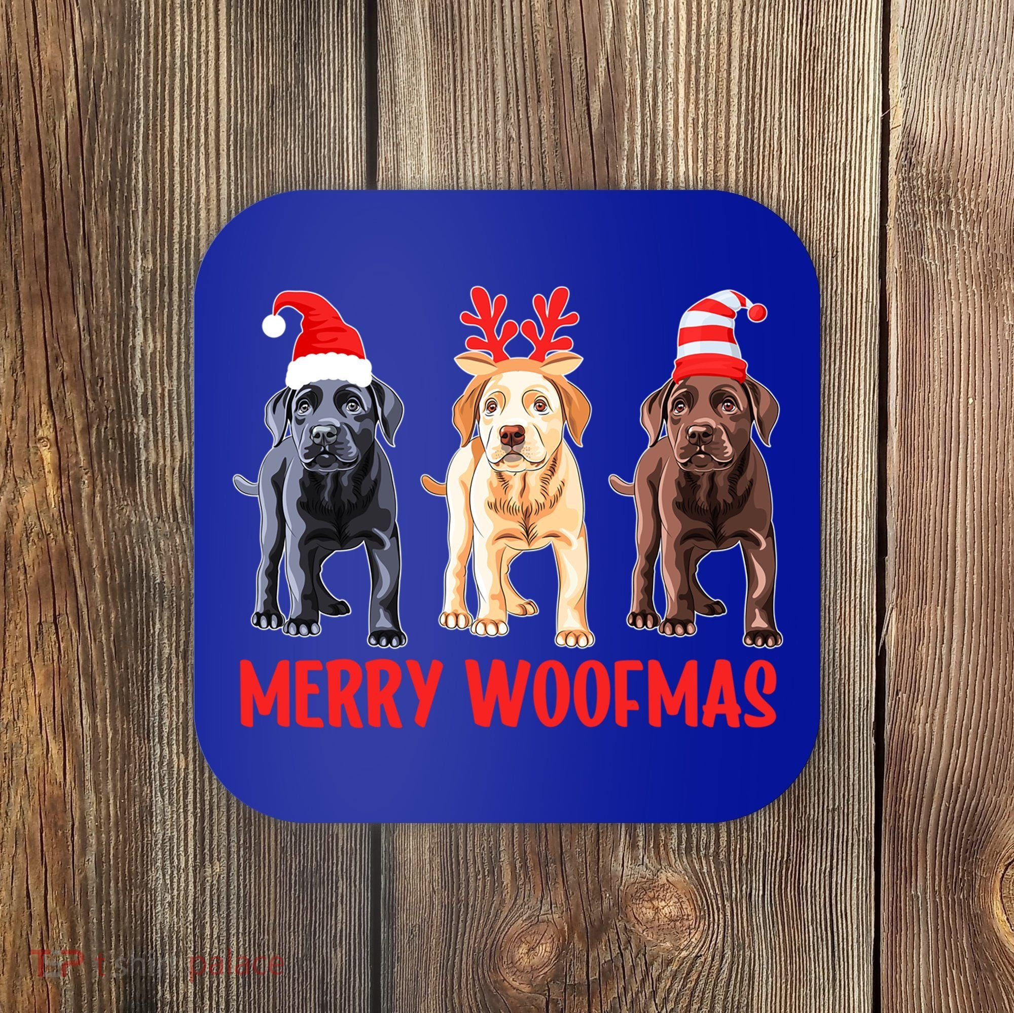 Black Yellow Chocolate Lab Christmas Labrador Merry Woofmas Gift Coaster