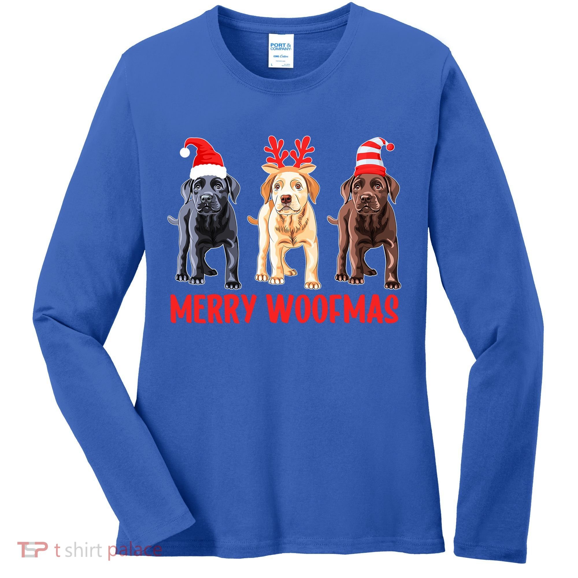 Black Yellow Chocolate Lab Christmas Labrador Merry Woofmas Gift Women's Long Sleeve Shirt