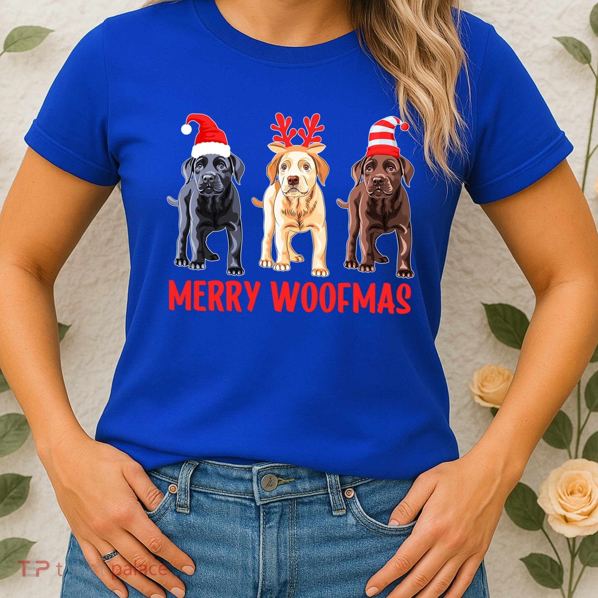 Black Yellow Chocolate Lab Christmas Labrador Merry Woofmas Gift Women's T-Shirt