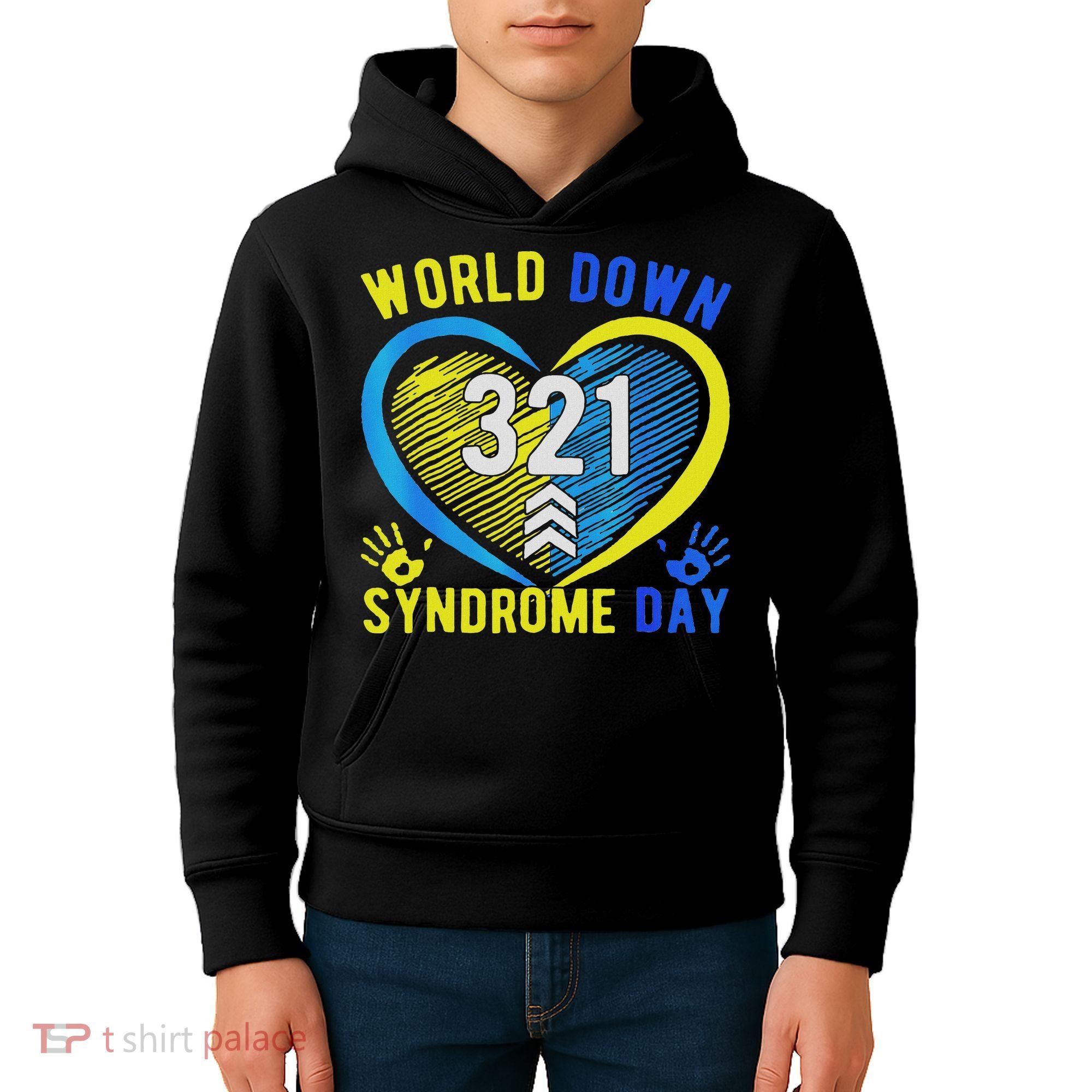 Blue Yellow Heart 21 World Down Syndrome Awareness Day Kids Hoodie