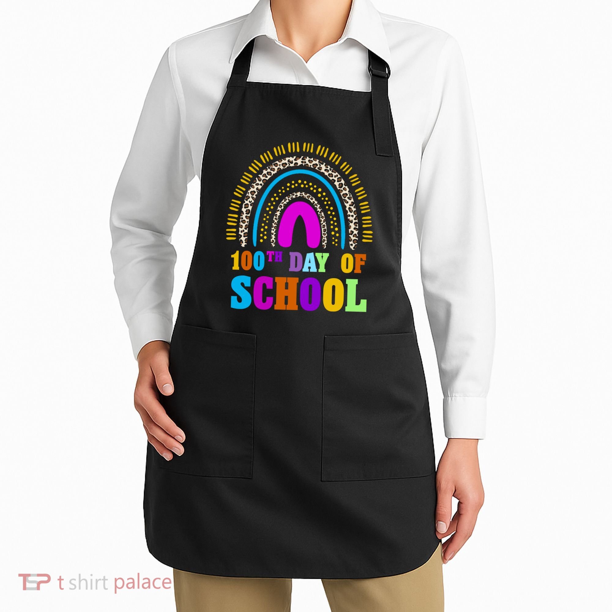 Cute 100th Day Of School Leopard Rainbow Apron