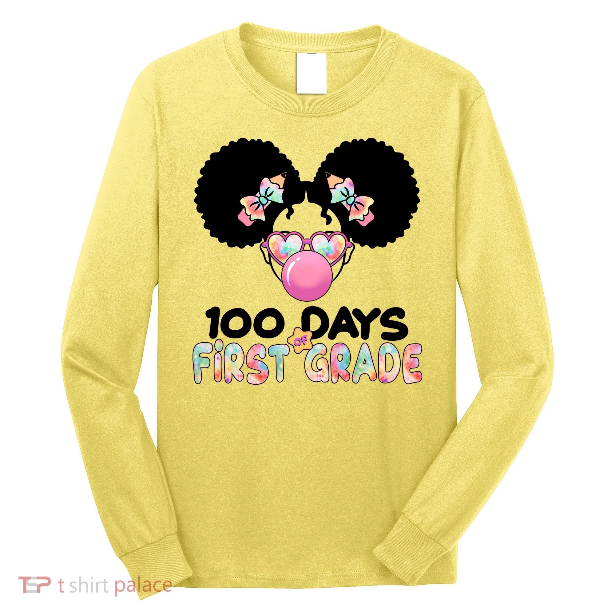 Cute 100 Days Of First Grade Tie Dye Afro Puff Girl Long Sleeve Shirt