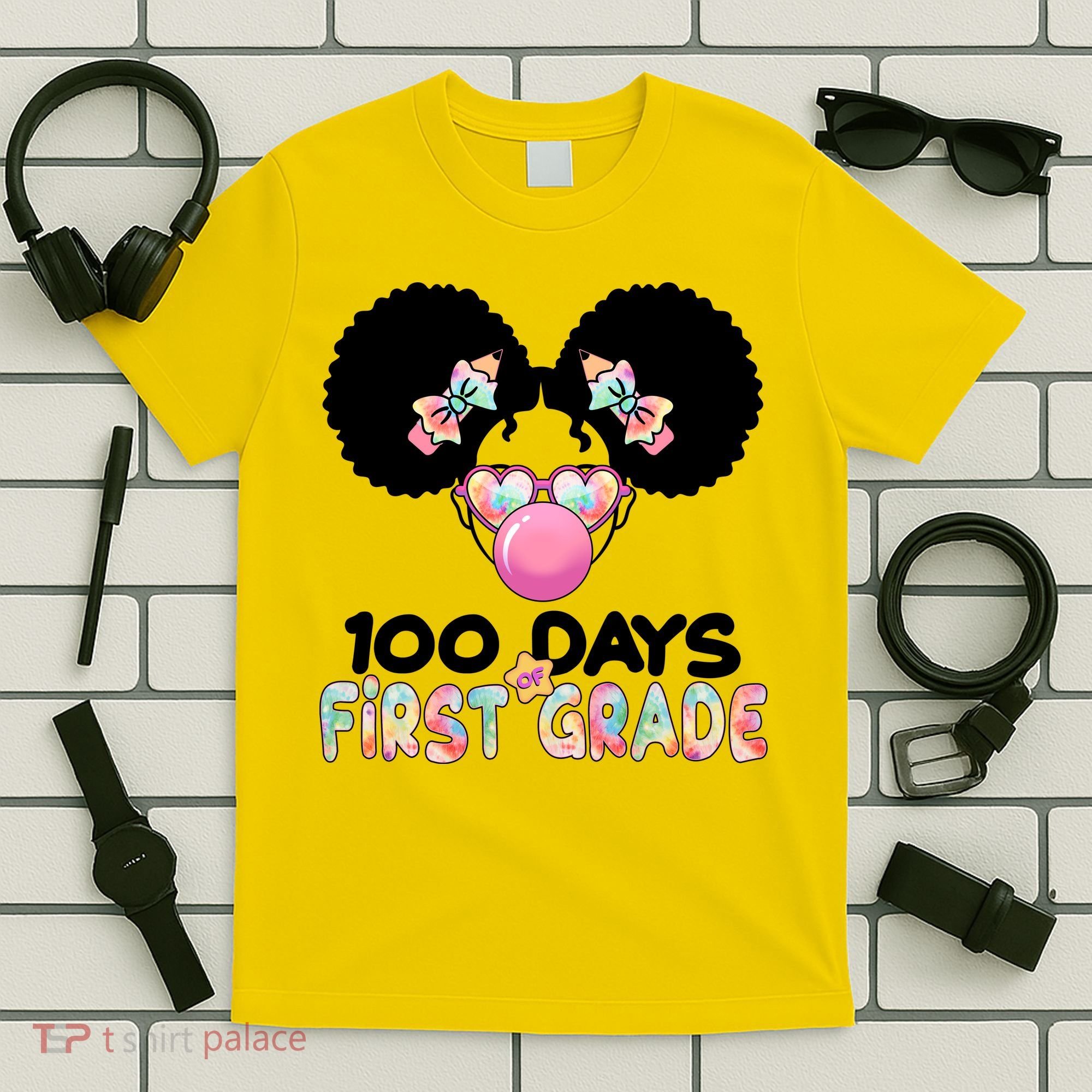 Cute 100 Days Of First Grade Tie Dye Afro Puff Girl T-Shirt