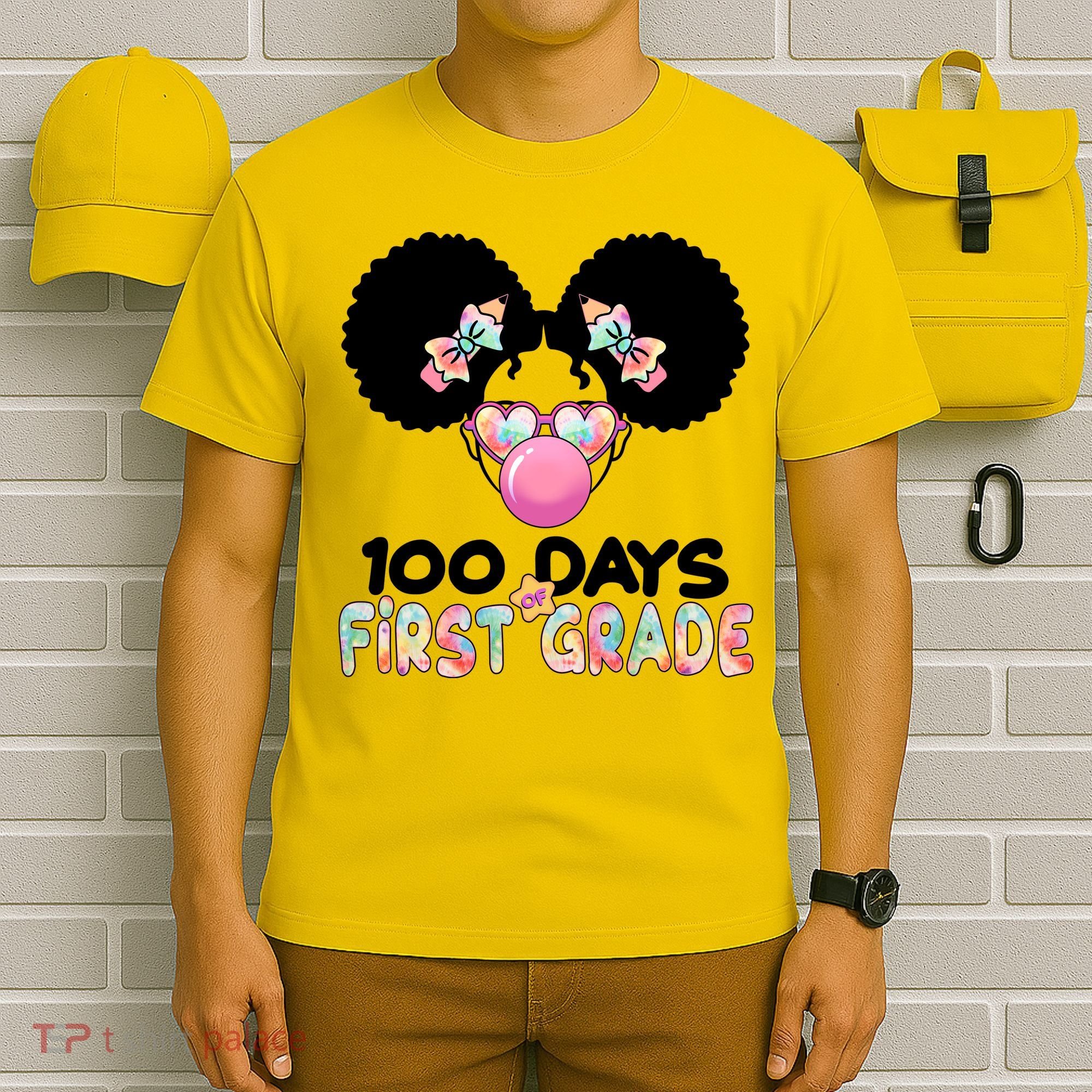 Cute 100 Days Of First Grade Tie Dye Afro Puff Girl T-Shirt