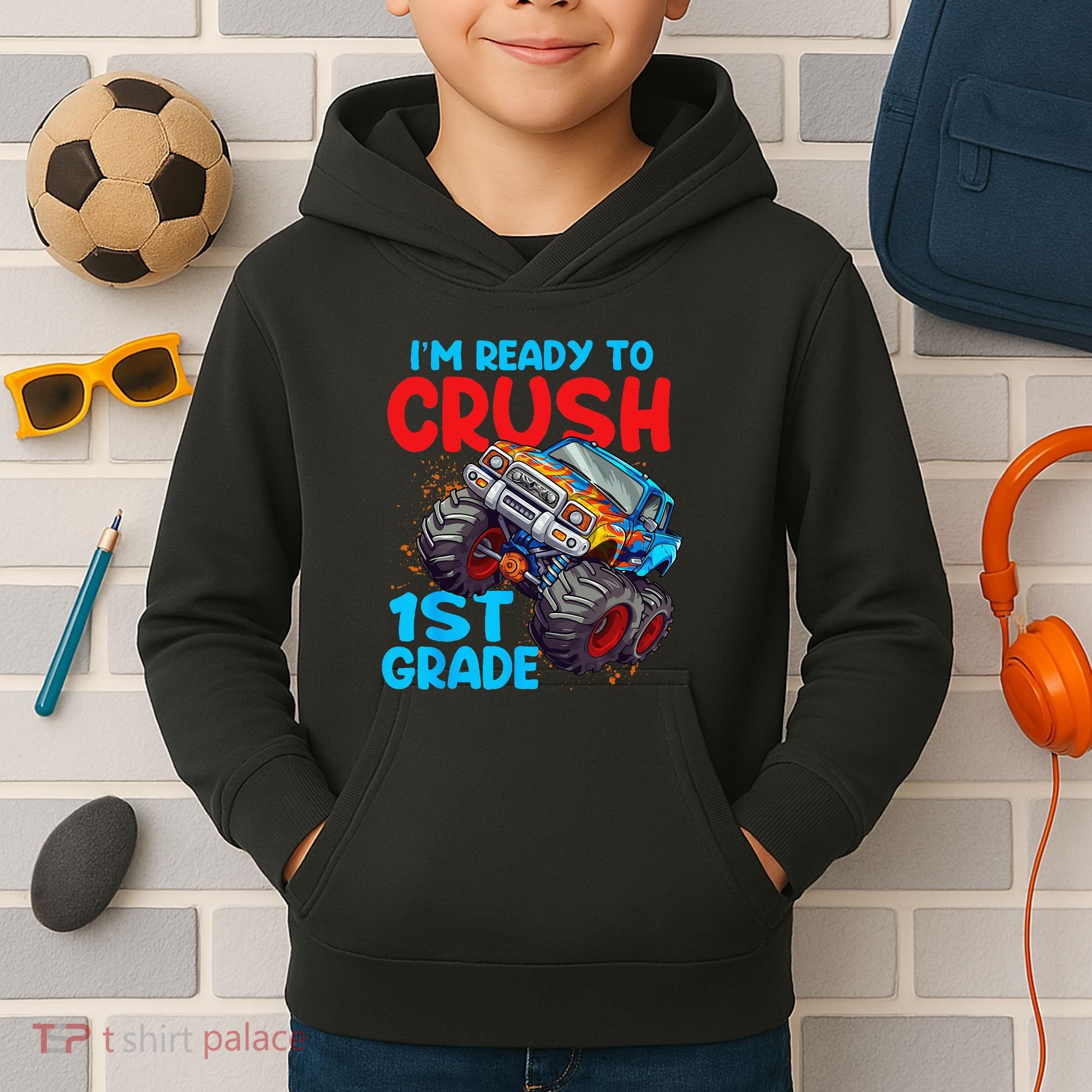 Crush 1st Grade Monster Truck Kids Back To School Kids Hoodie