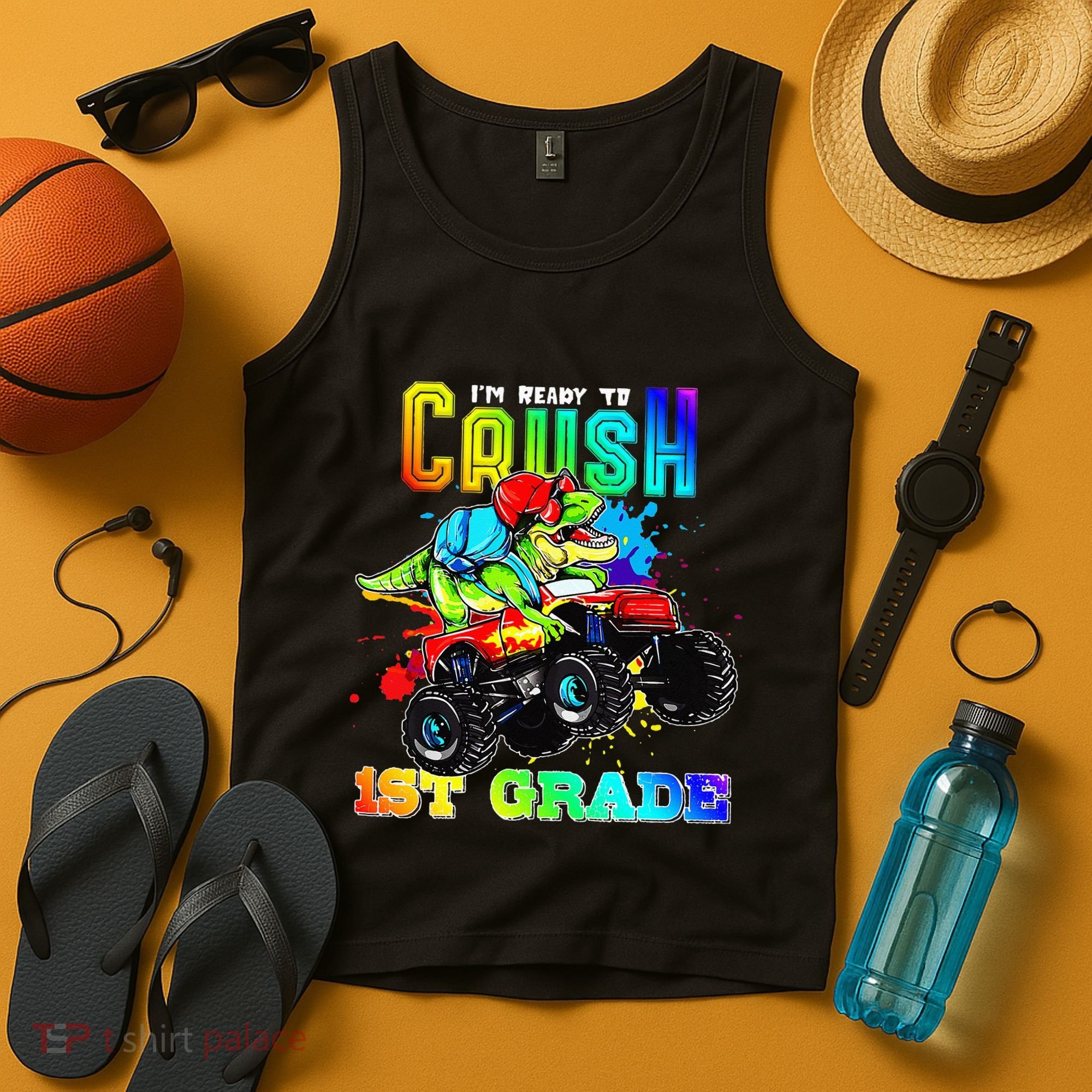 Crush 1st Grade Dinosaur Monster Truck Back to School Tank Top
