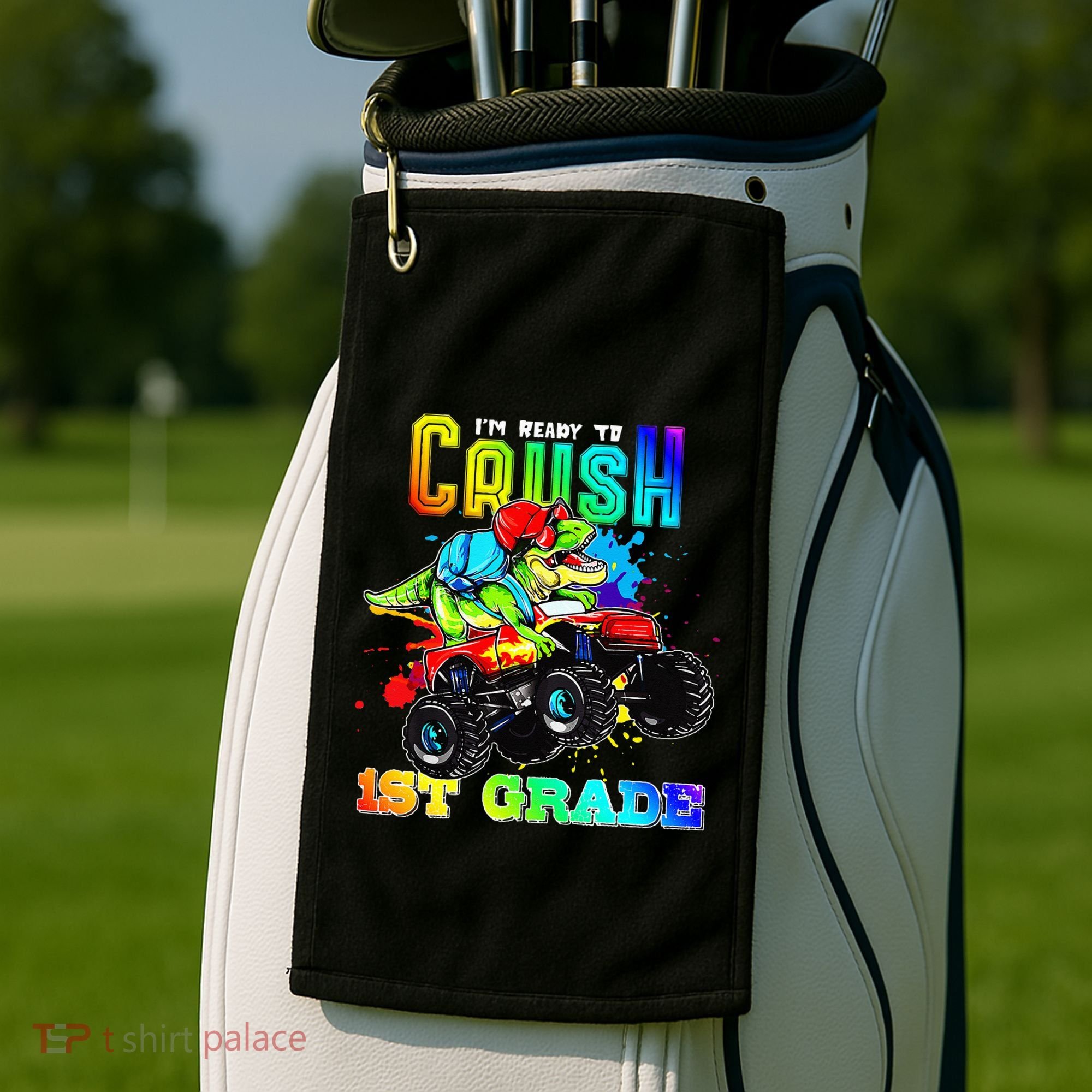 Crush 1st Grade Dinosaur Monster Truck Back to School Golf Towel