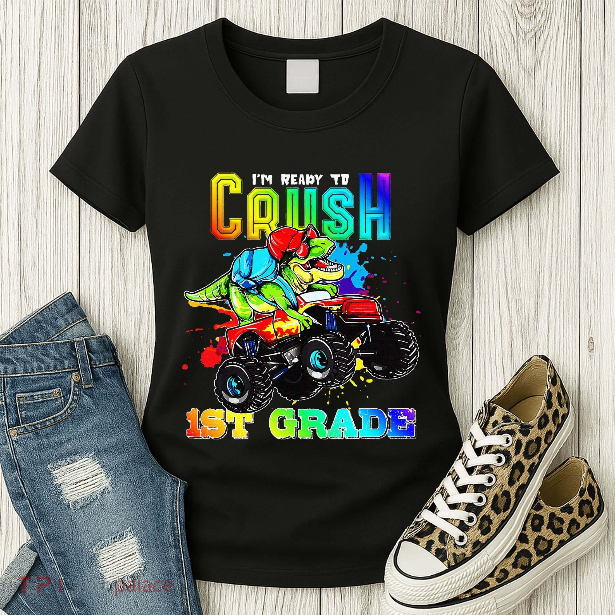 Crush 1st Grade Dinosaur Monster Truck Back to School Women's T-Shirt