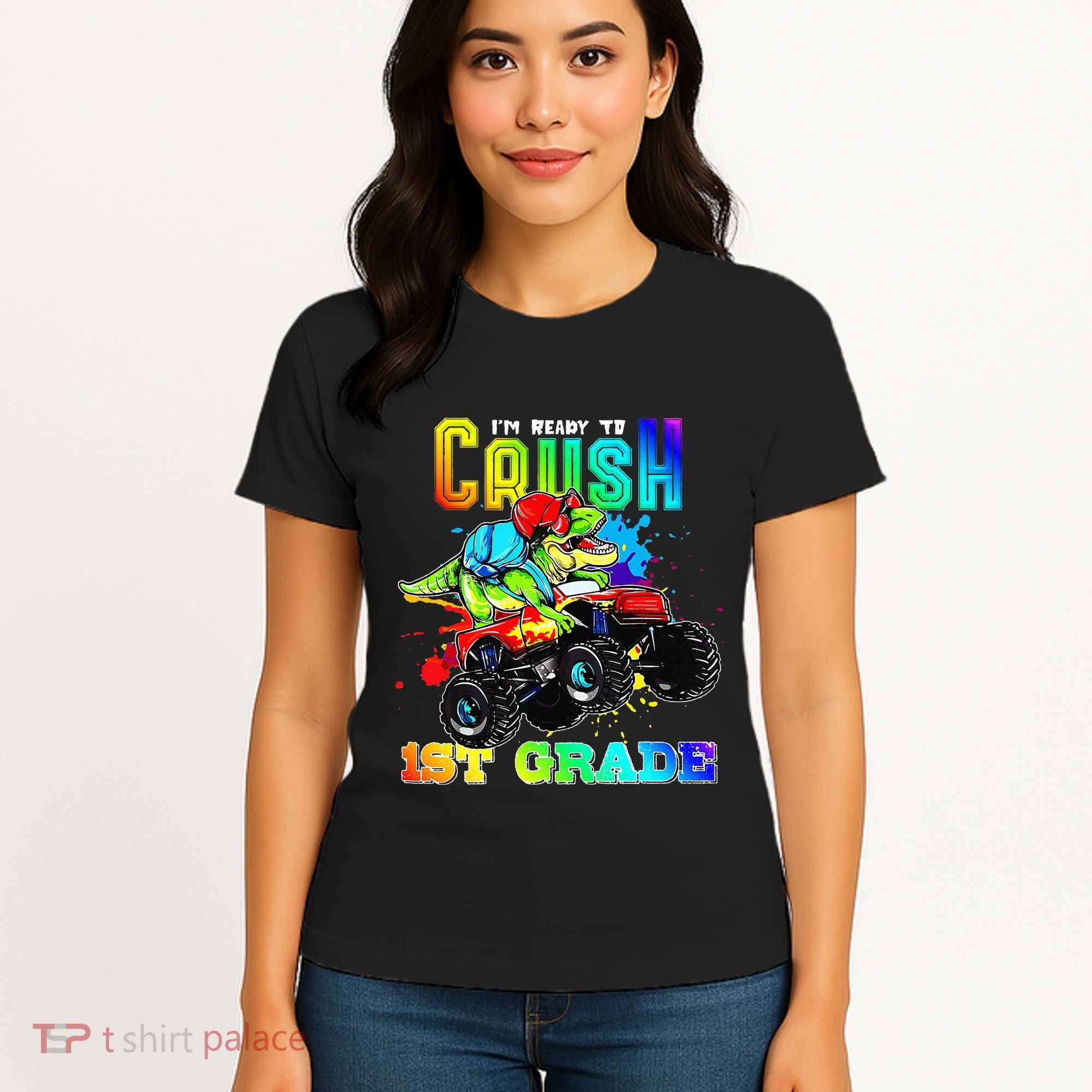 Crush 1st Grade Dinosaur Monster Truck Back to School Women's T-Shirt