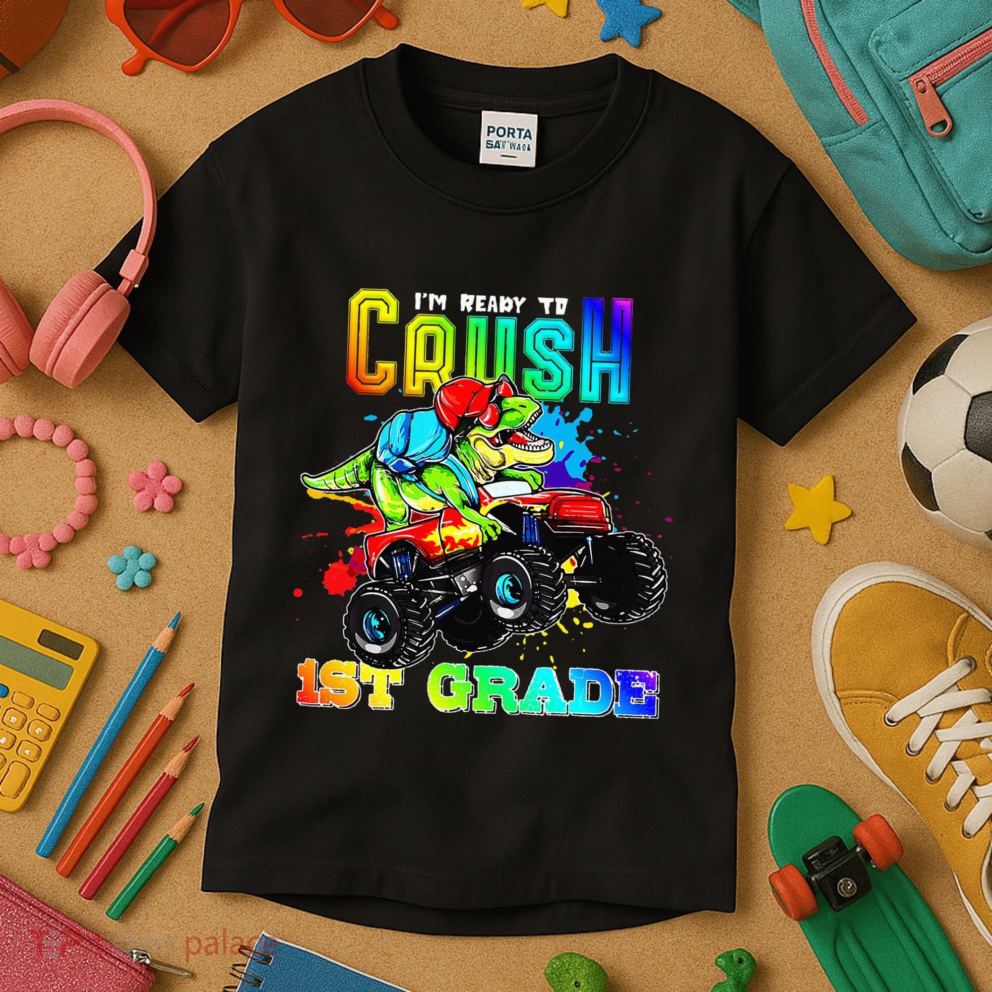 Crush 1st Grade Dinosaur Monster Truck Back to School Kids T-Shirt