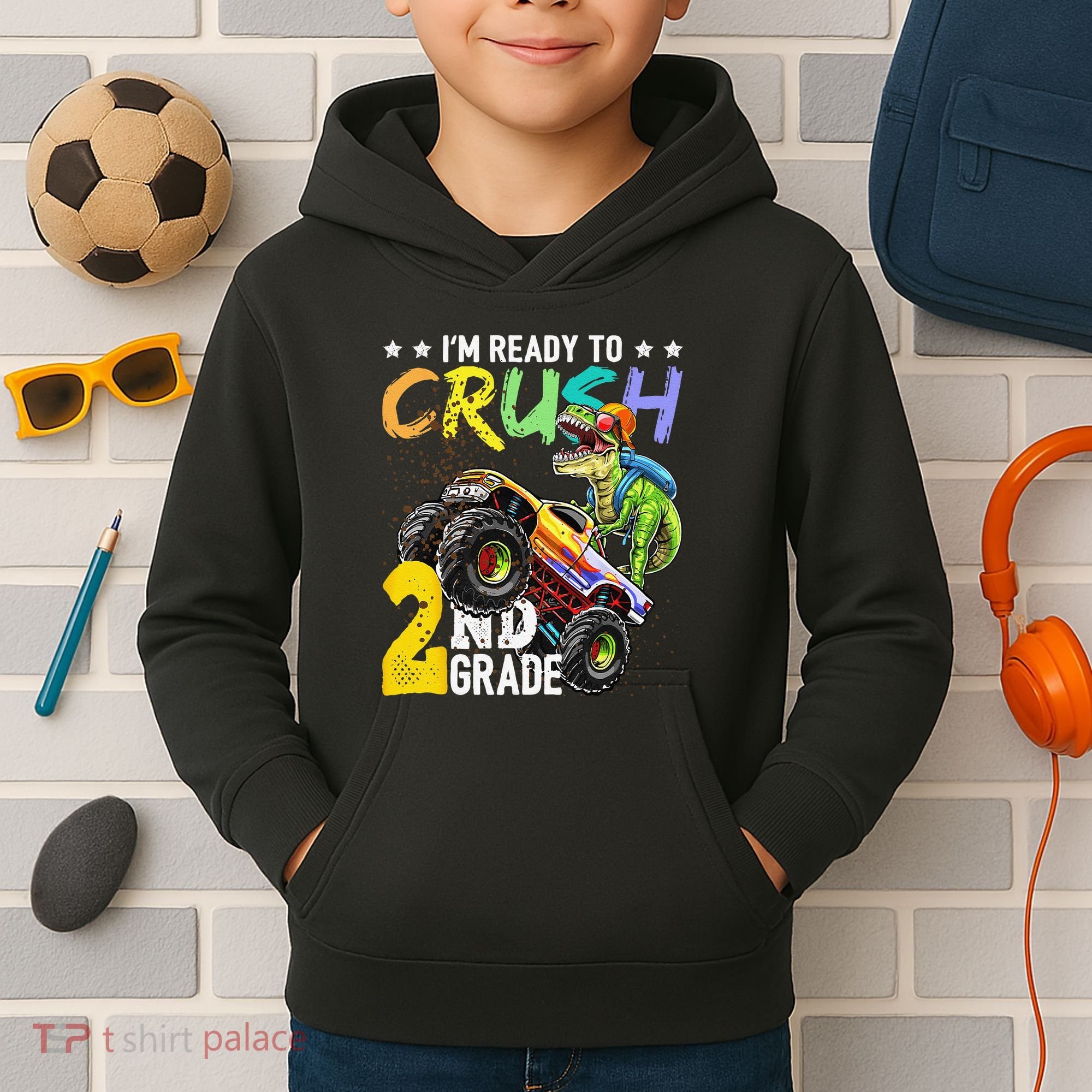 Crush 2nd Grade Dinosaur Monster Truck Back To School Kids Hoodie