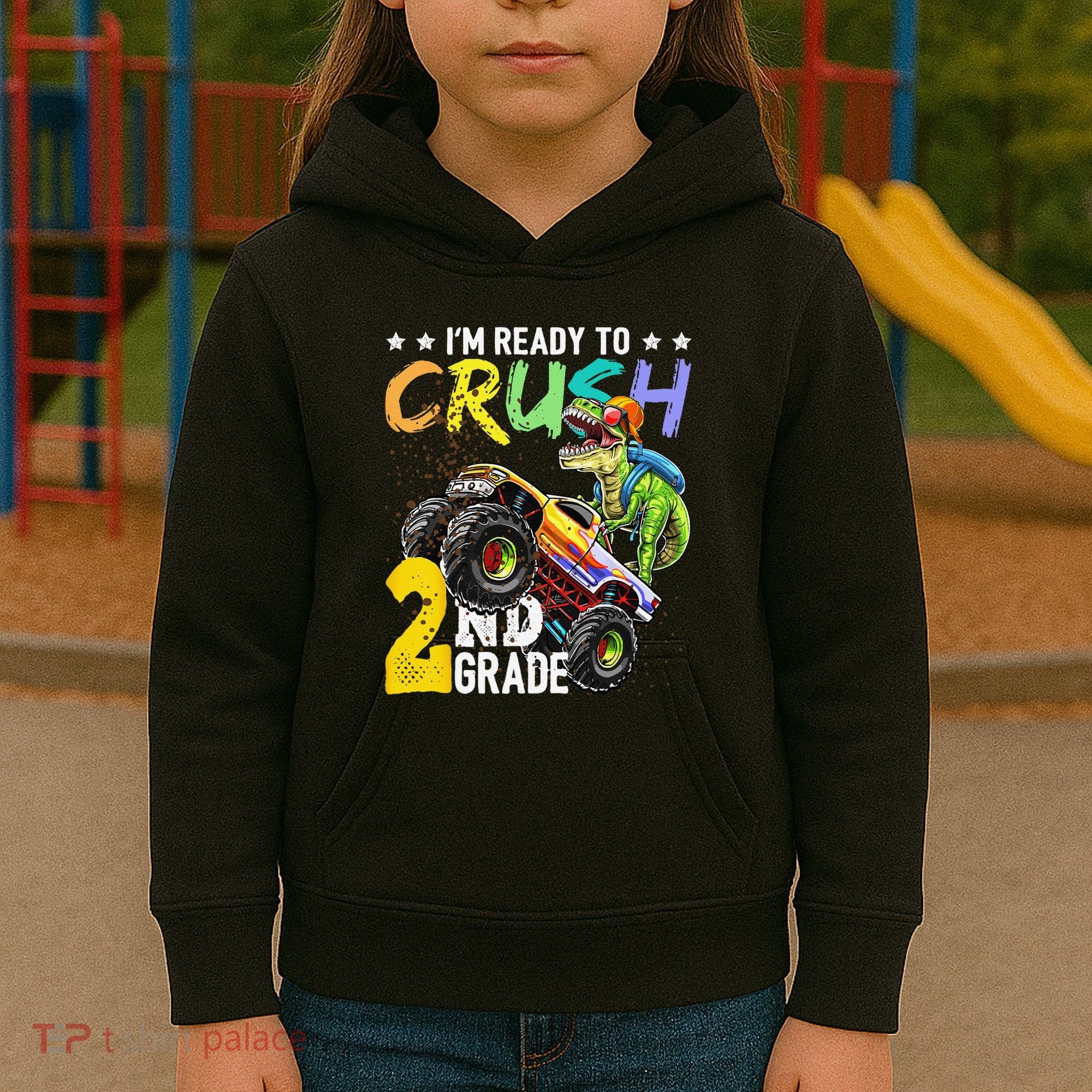 Crush 2nd Grade Dinosaur Monster Truck Back To School Kids Hoodie