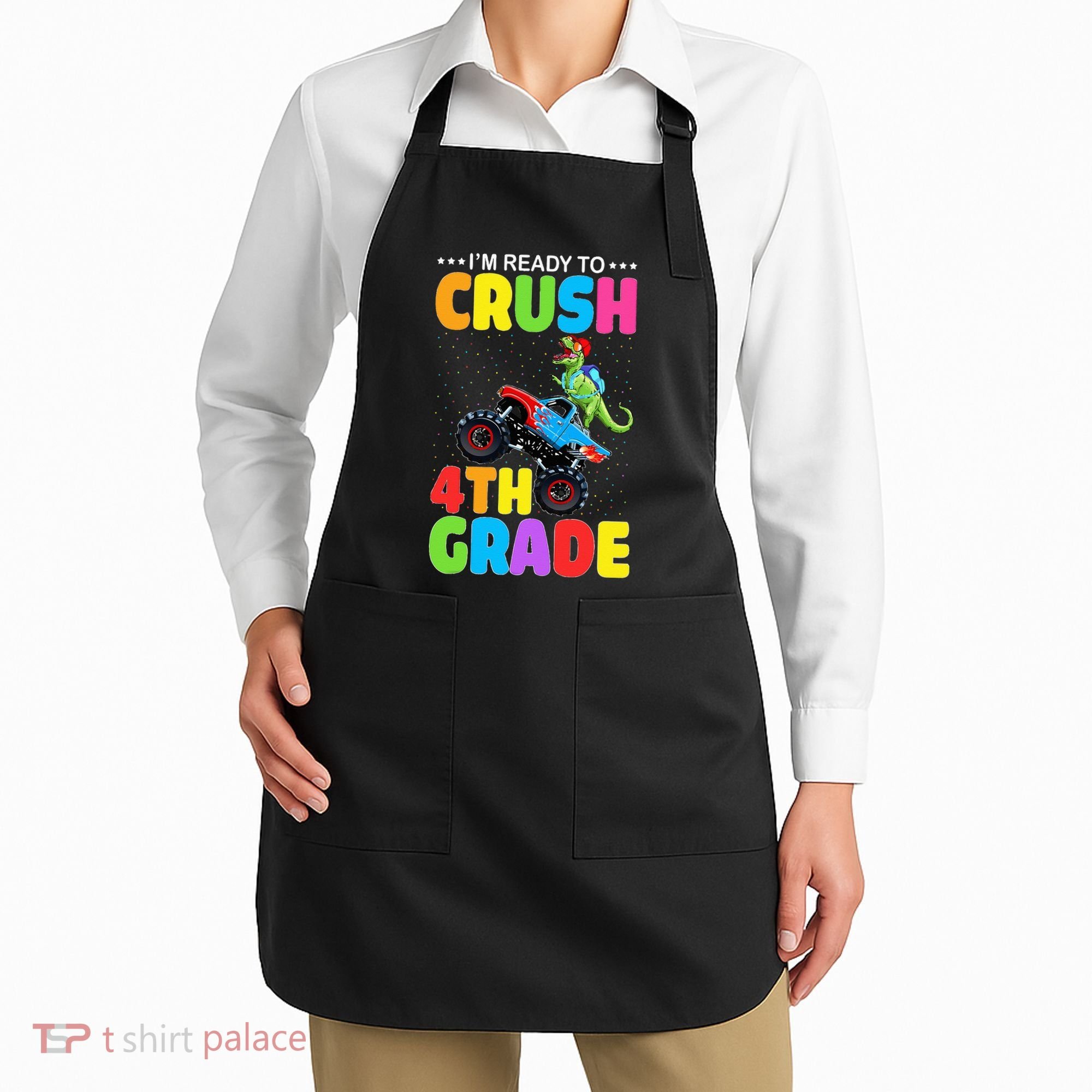 Crush 4th Grade Dinosaur Monster Truck Back to School Apron