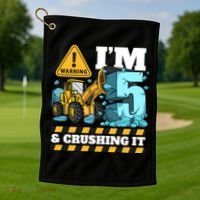 Construction 5th Birthday Boy Funny Gift 5 Bulldozer Digger Truck Funny Gift Golf Towel thumb 1