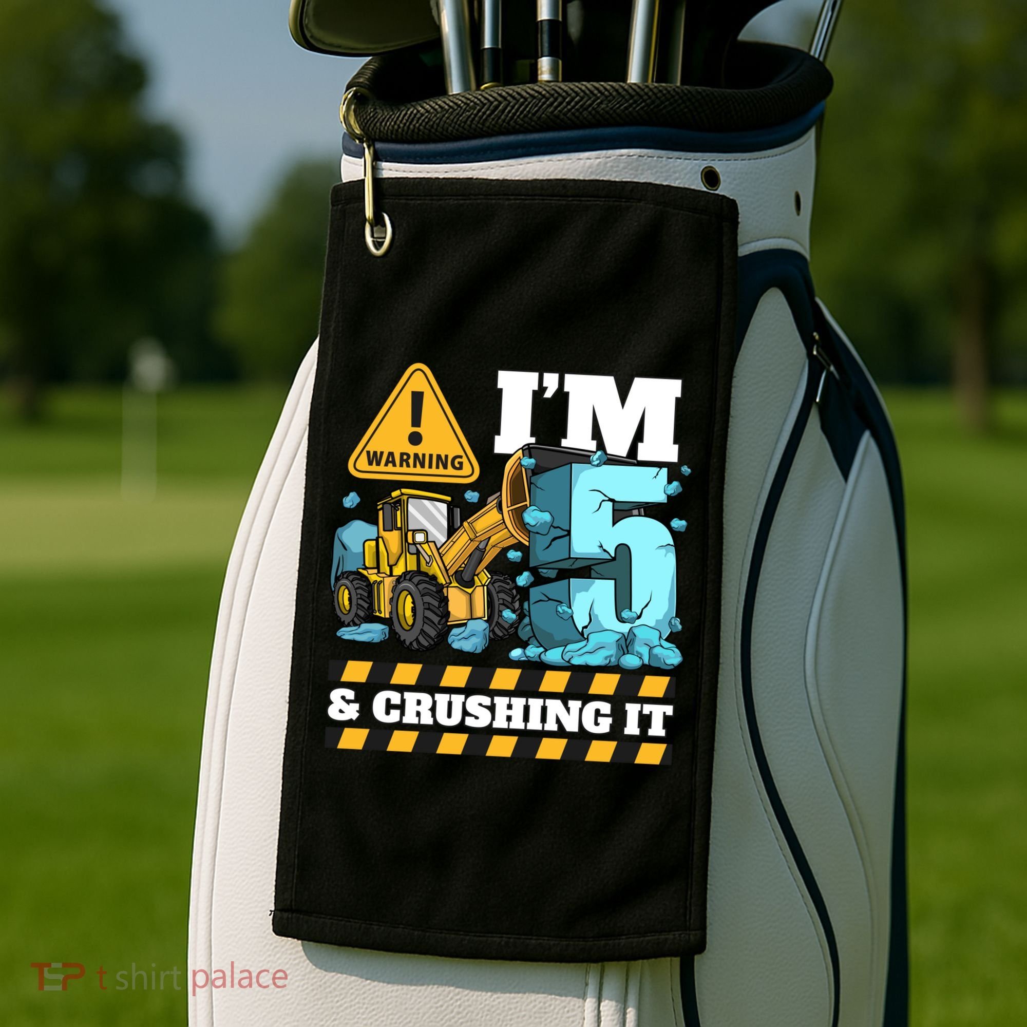 Construction 5th Birthday Boy Funny Gift 5 Bulldozer Digger Truck Funny Gift Golf Towel