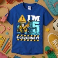Construction 5th Birthday Boy Funny Gift 5 Bulldozer Digger Truck Funny Gift Kids T-Shirt thumb 3