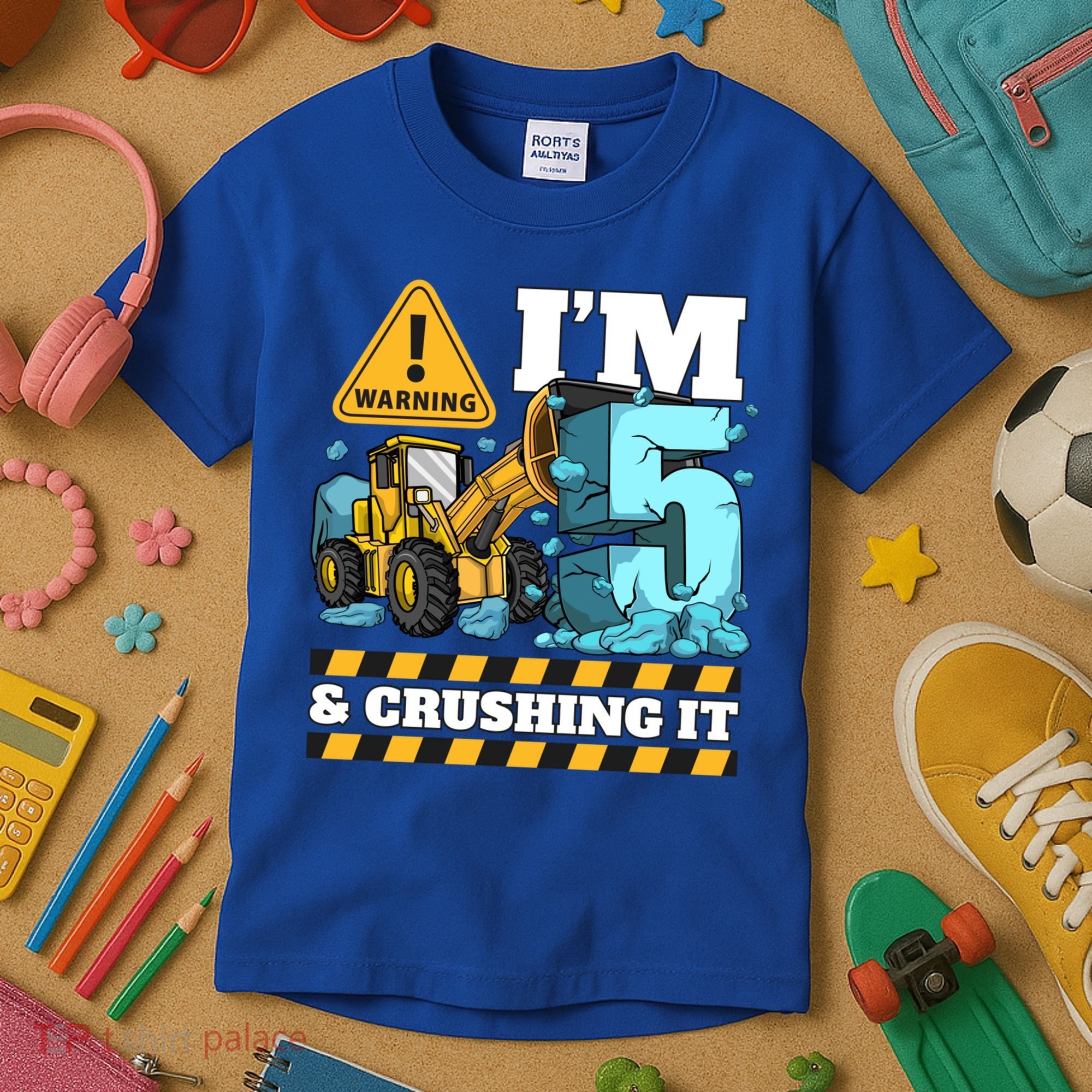 Construction 5th Birthday Boy Funny Gift 5 Bulldozer Digger Truck Funny Gift Kids T-Shirt