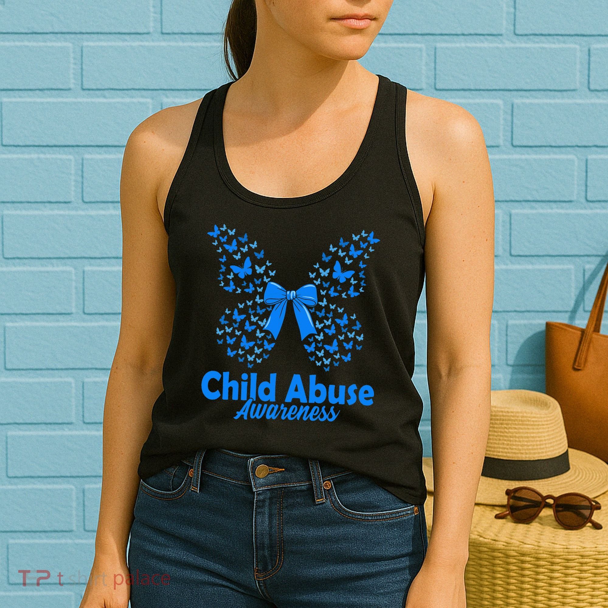 Child Abuse Awareness Month Blue Butterfly Coquette Bow Women's Tank Top