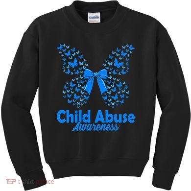 Child Abuse Awareness Month Blue Butterfly Coquette Bow Kids Sweatshirt