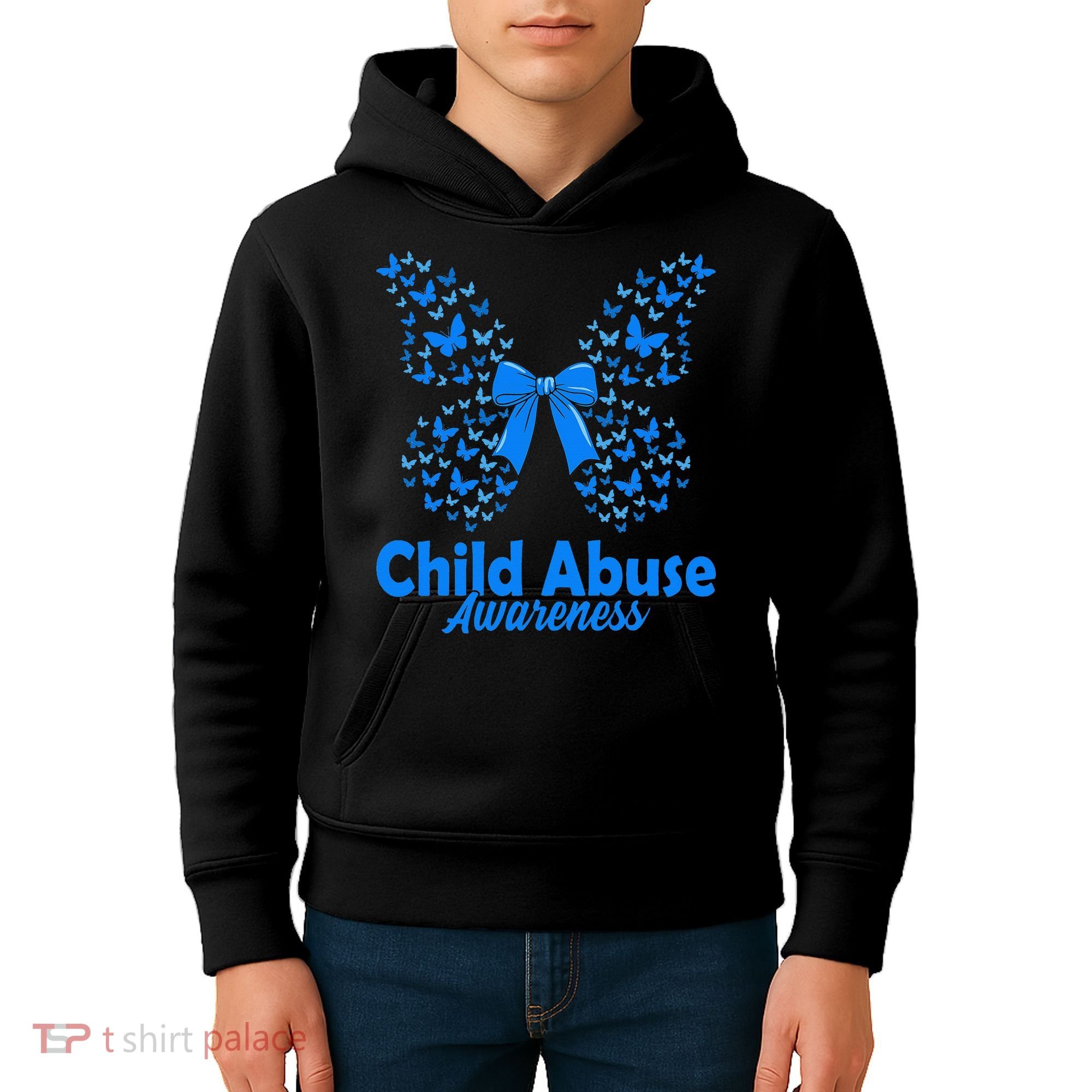 Child Abuse Awareness Month Blue Butterfly Coquette Bow Kids Hoodie