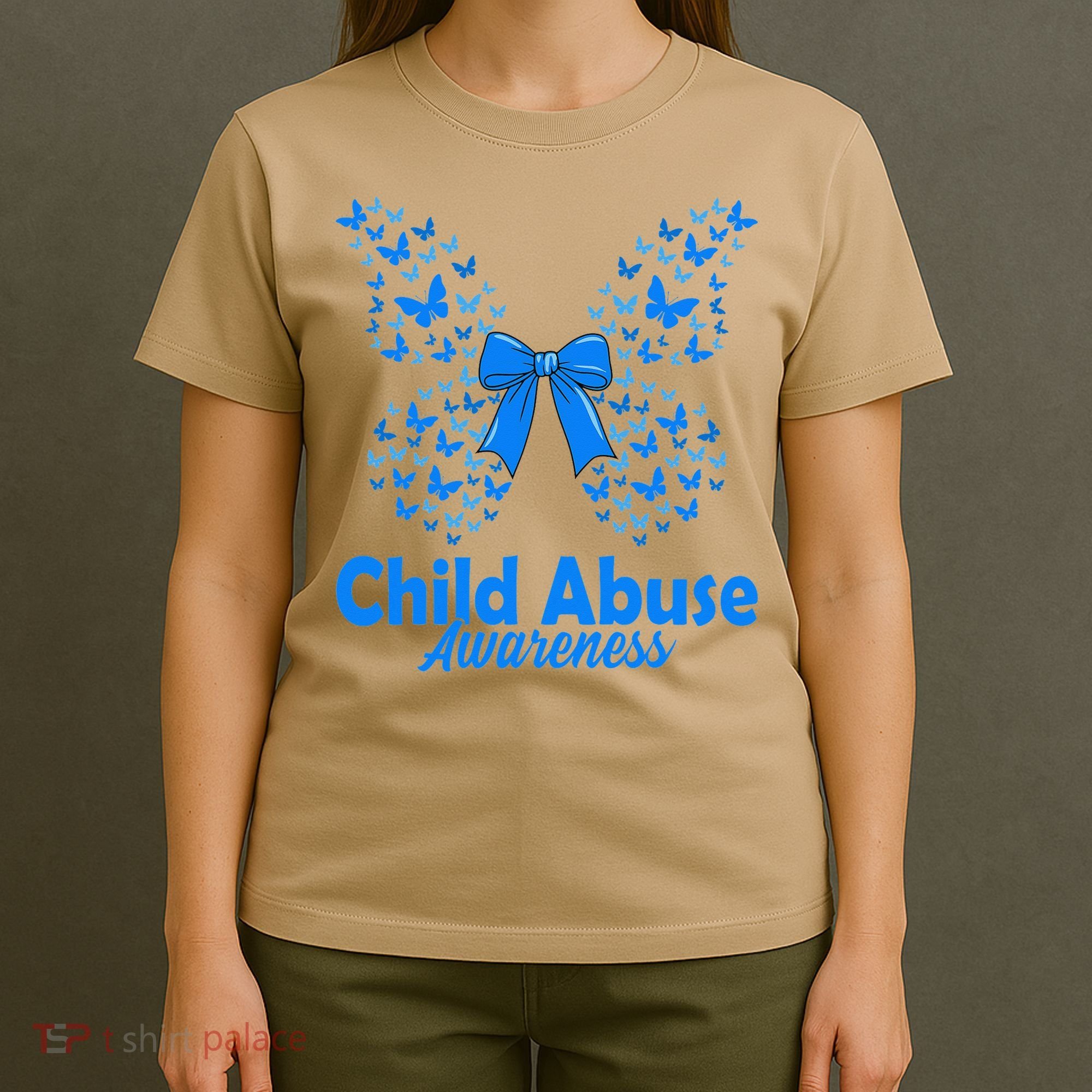Child Abuse Awareness Month Blue Butterfly Coquette Bow T-Shirt