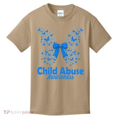 Child Abuse Awareness Month Blue Butterfly Coquette Bow Kids T-Shirt