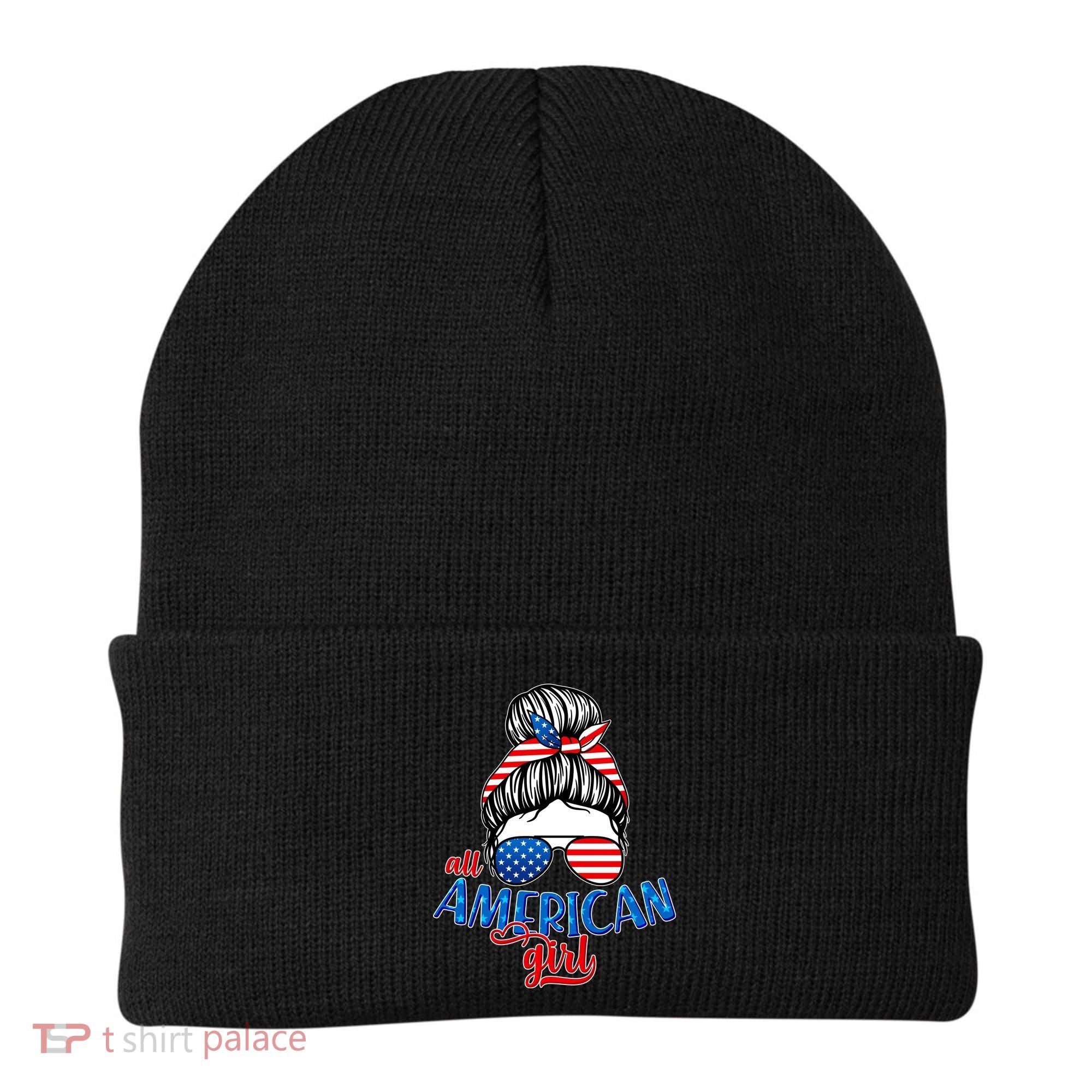 Cute All American Girl USA Flag Beanie