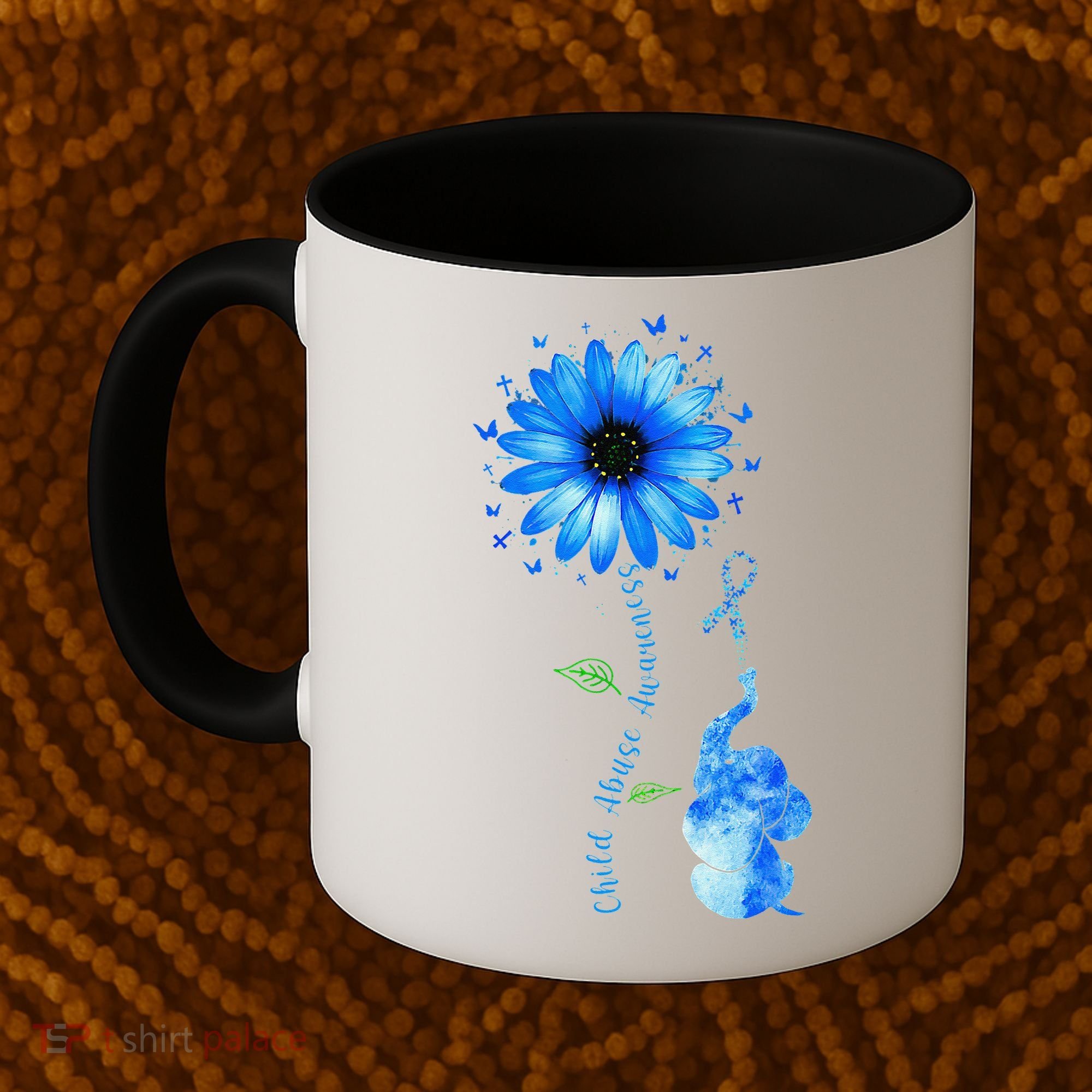 Child Abuse Awareness Sunflower Light Blue Ribbon Elephant Coffee Mug