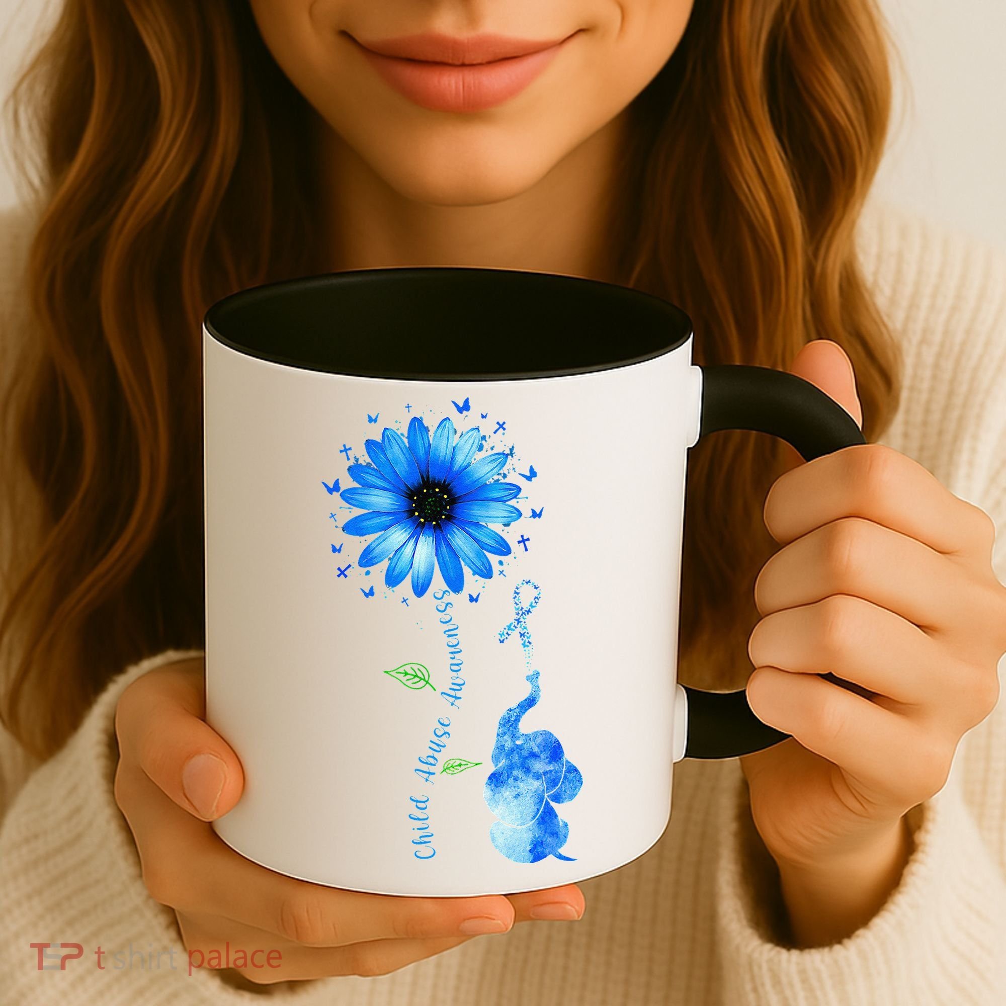 Child Abuse Awareness Sunflower Light Blue Ribbon Elephant Coffee Mug