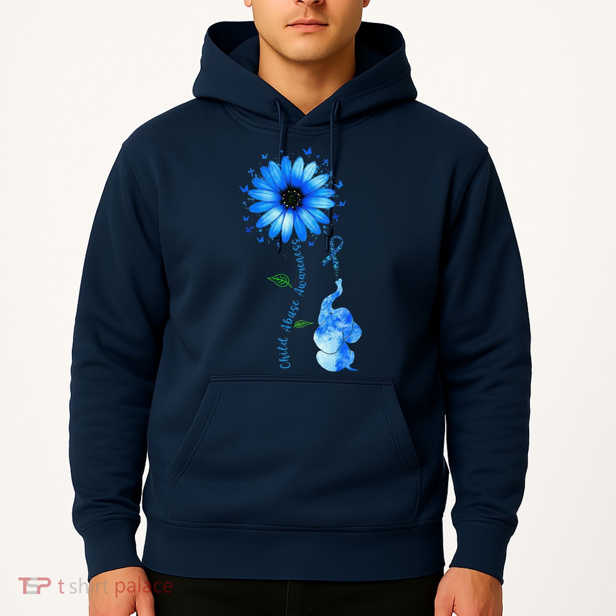 Child Abuse Awareness Sunflower Light Blue Ribbon Elephant Hoodie