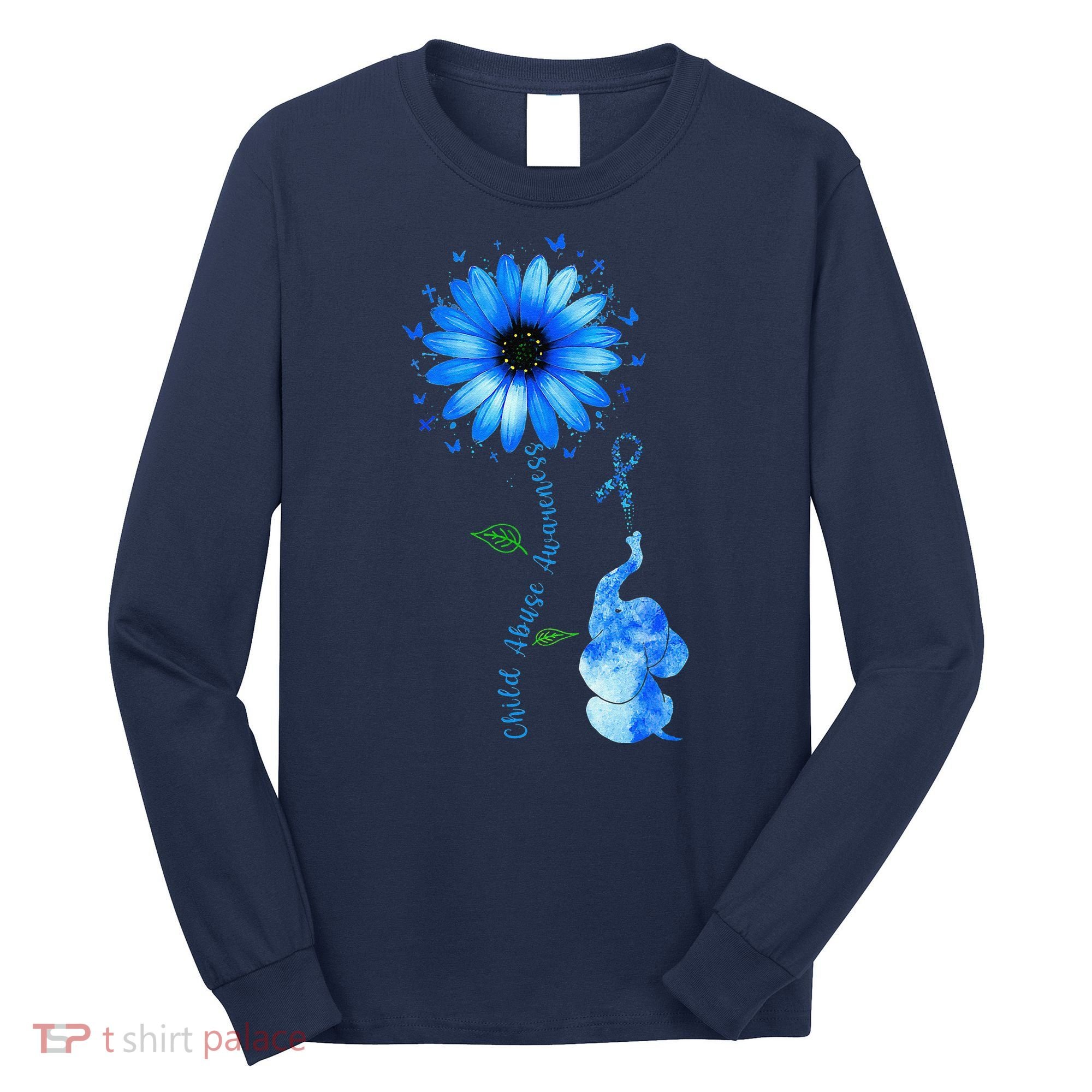 Child Abuse Awareness Sunflower Light Blue Ribbon Elephant Long Sleeve Shirt