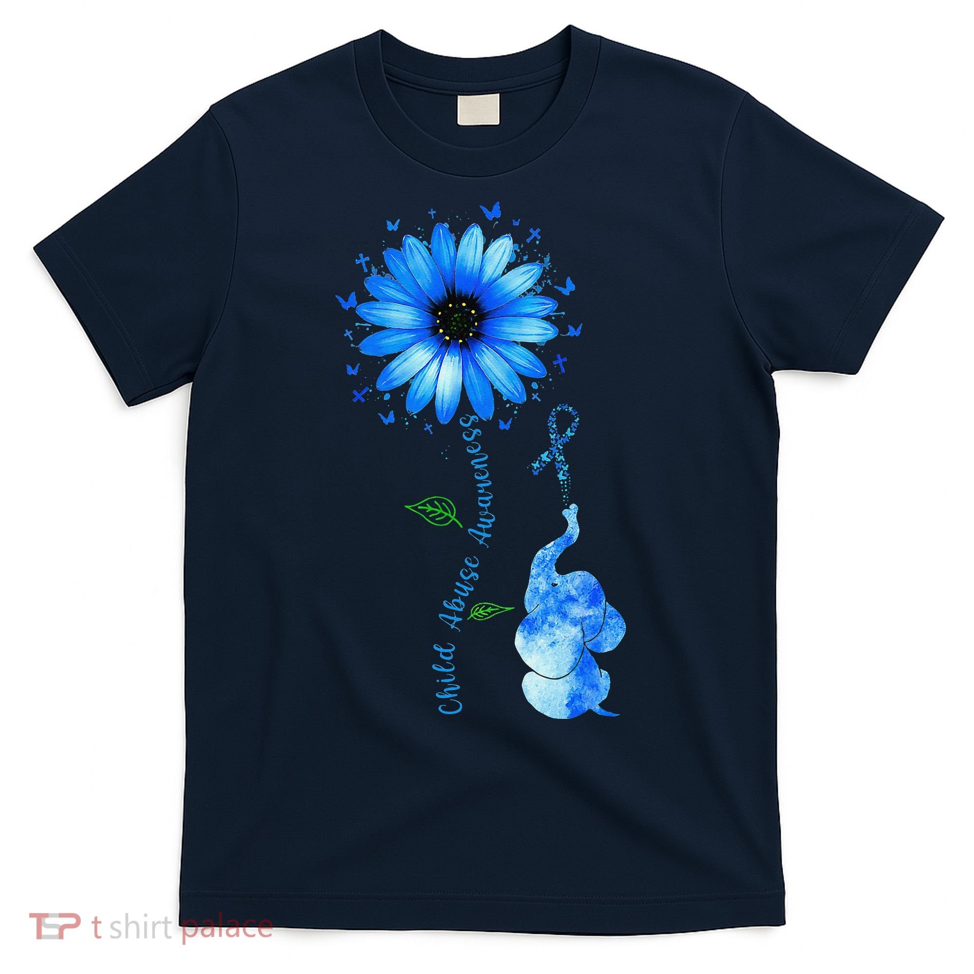 Child Abuse Awareness Sunflower Light Blue Ribbon Elephant T-Shirt