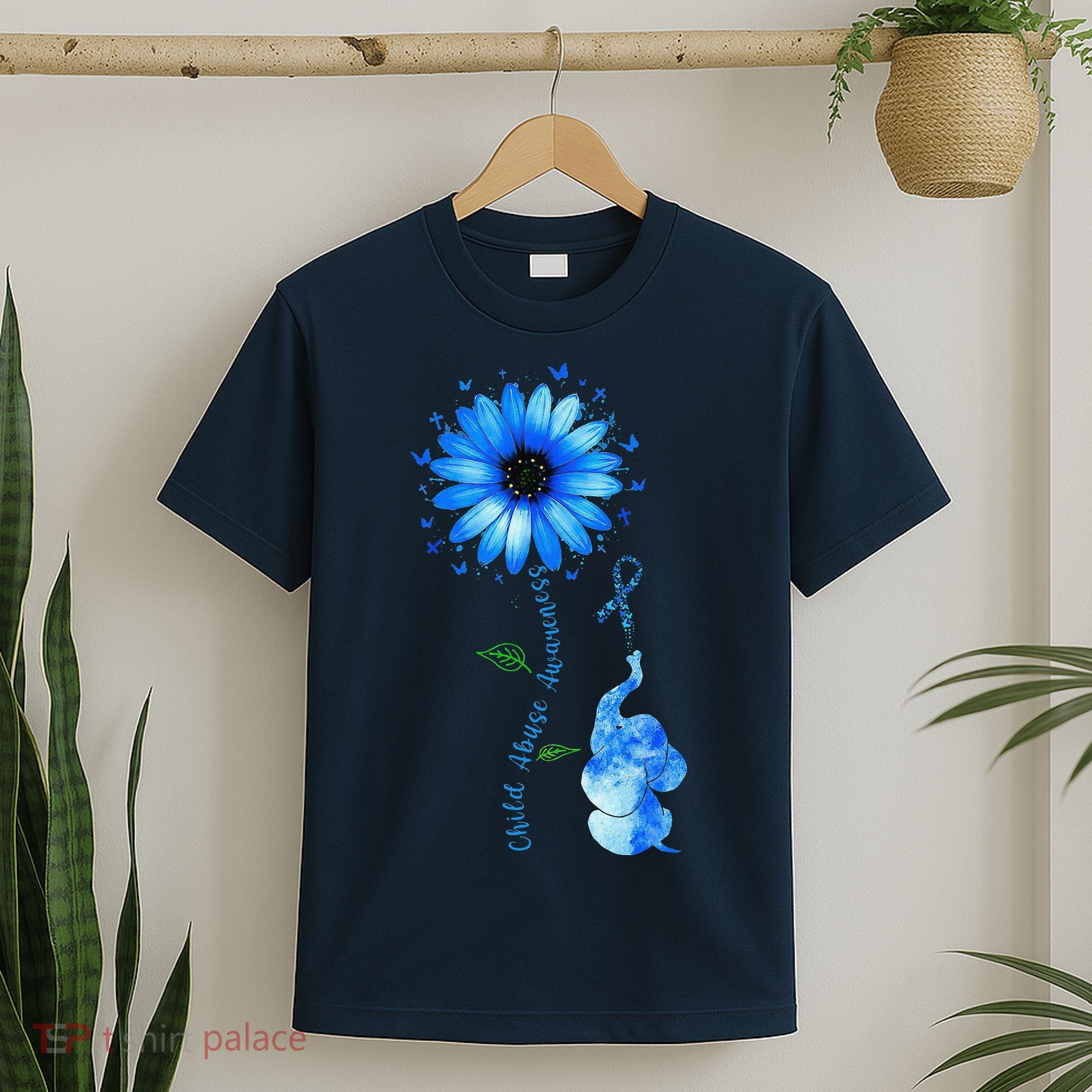 Child Abuse Awareness Sunflower Light Blue Ribbon Elephant T-Shirt