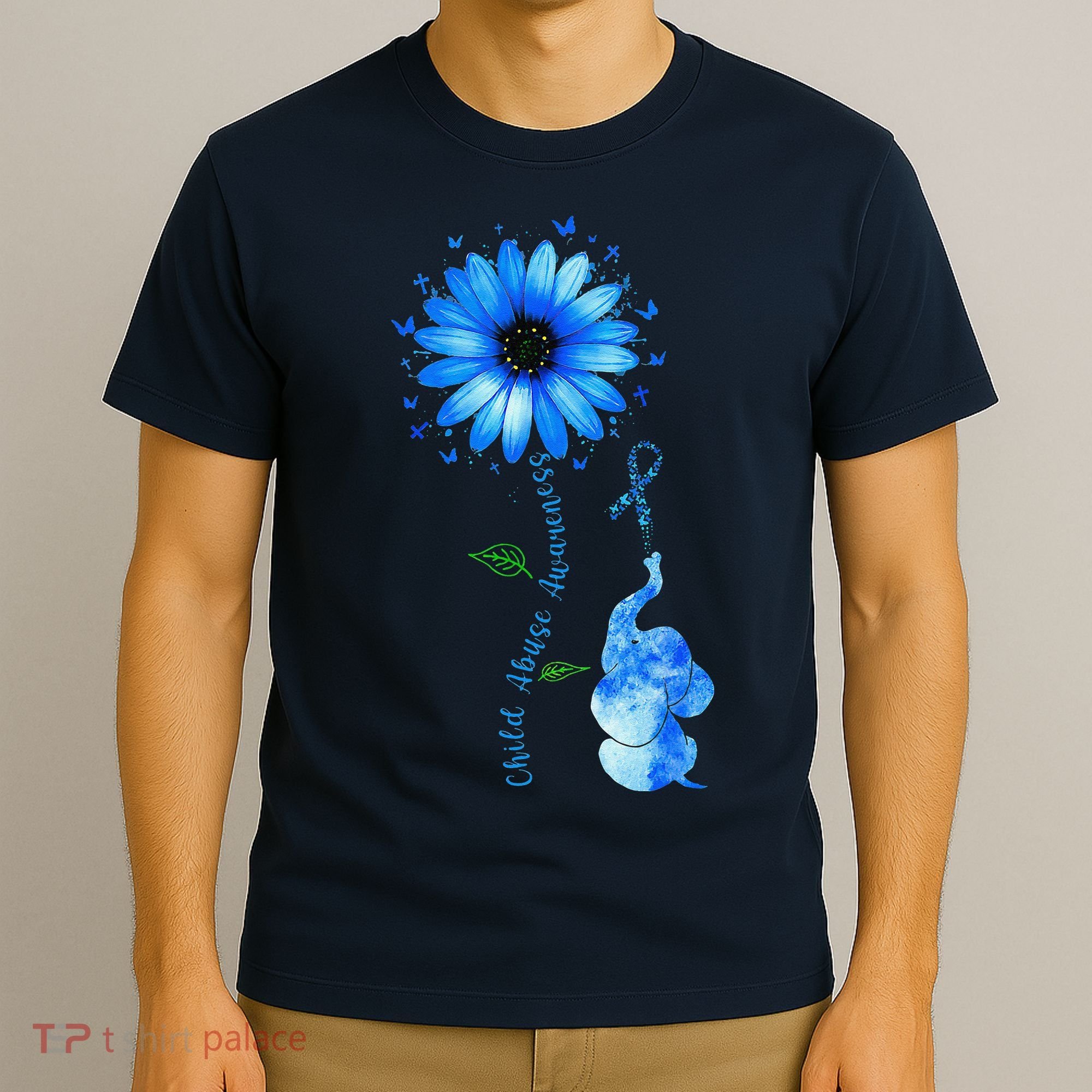 Child Abuse Awareness Sunflower Light Blue Ribbon Elephant T-Shirt