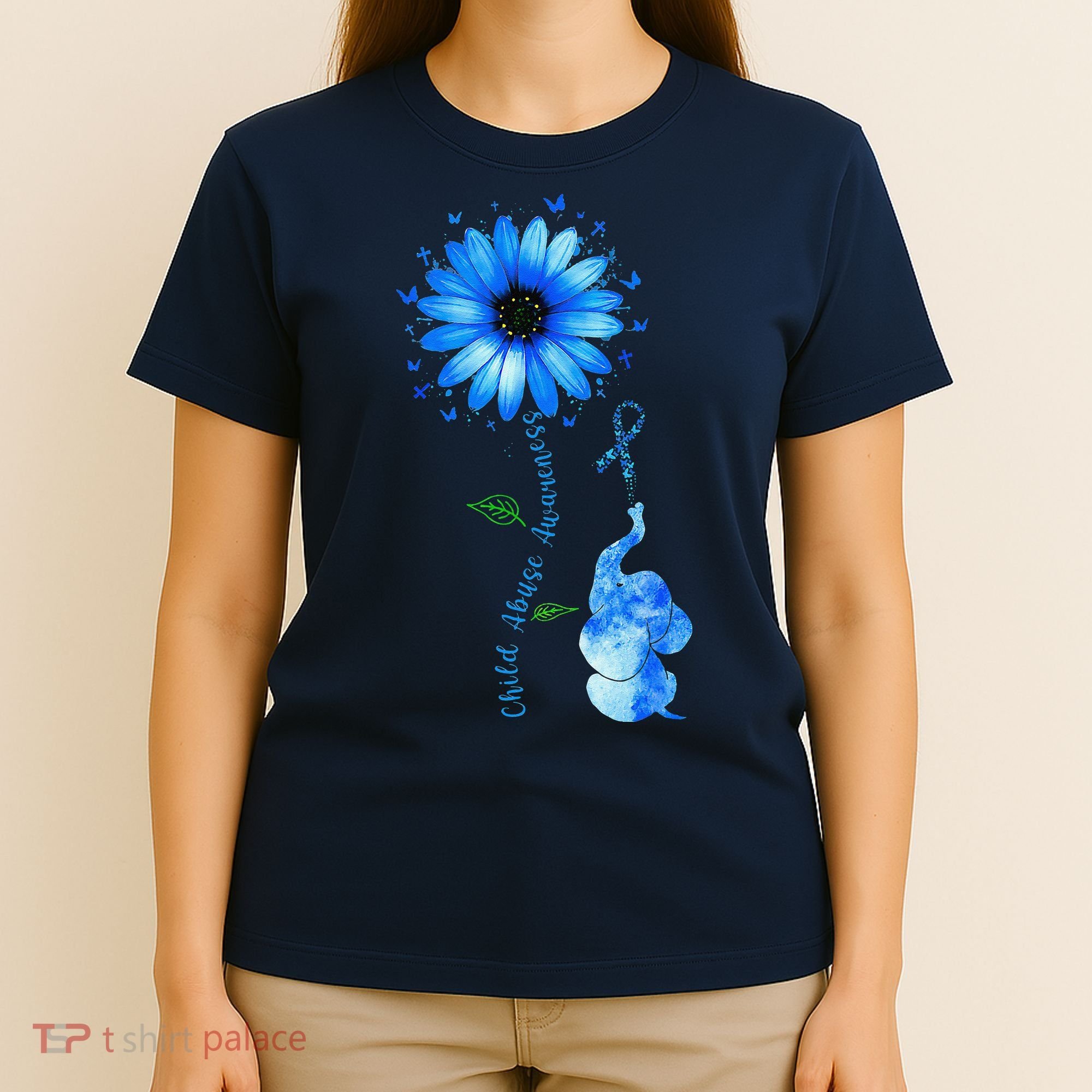 Child Abuse Awareness Sunflower Light Blue Ribbon Elephant T-Shirt