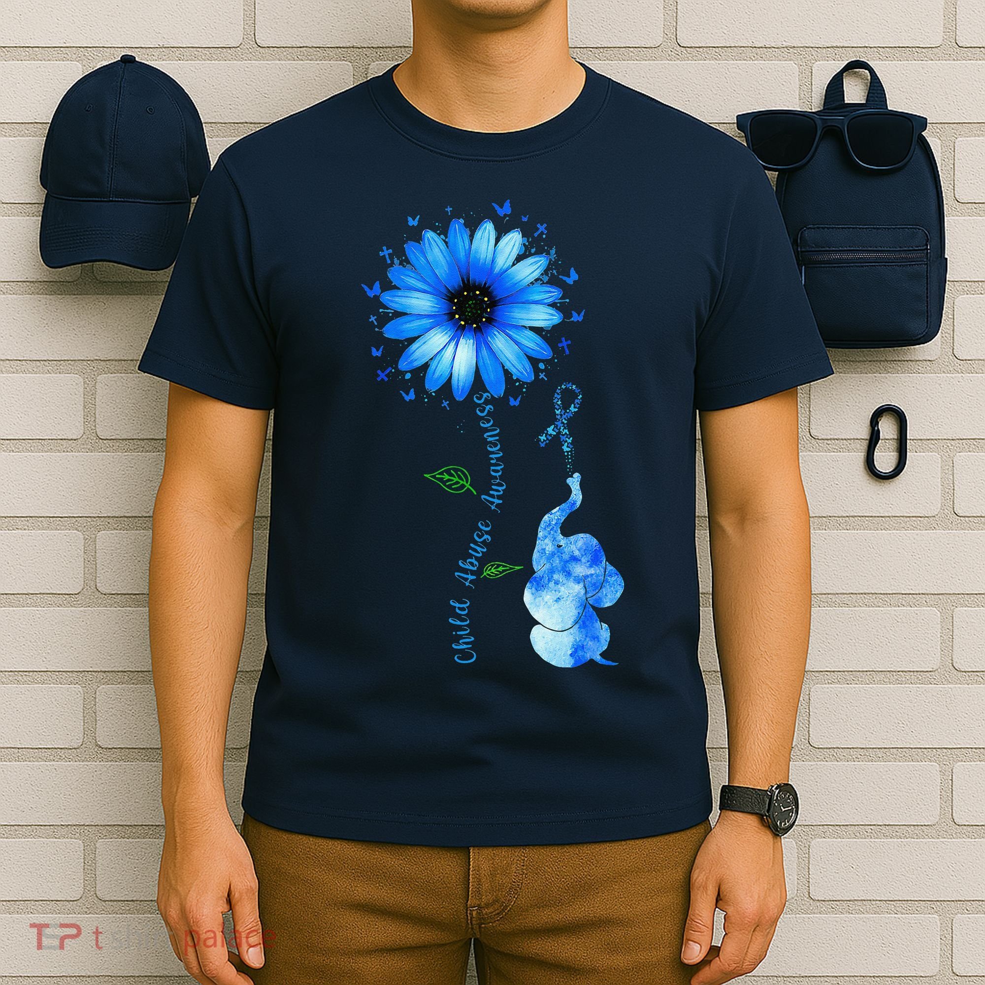 Child Abuse Awareness Sunflower Light Blue Ribbon Elephant T-Shirt