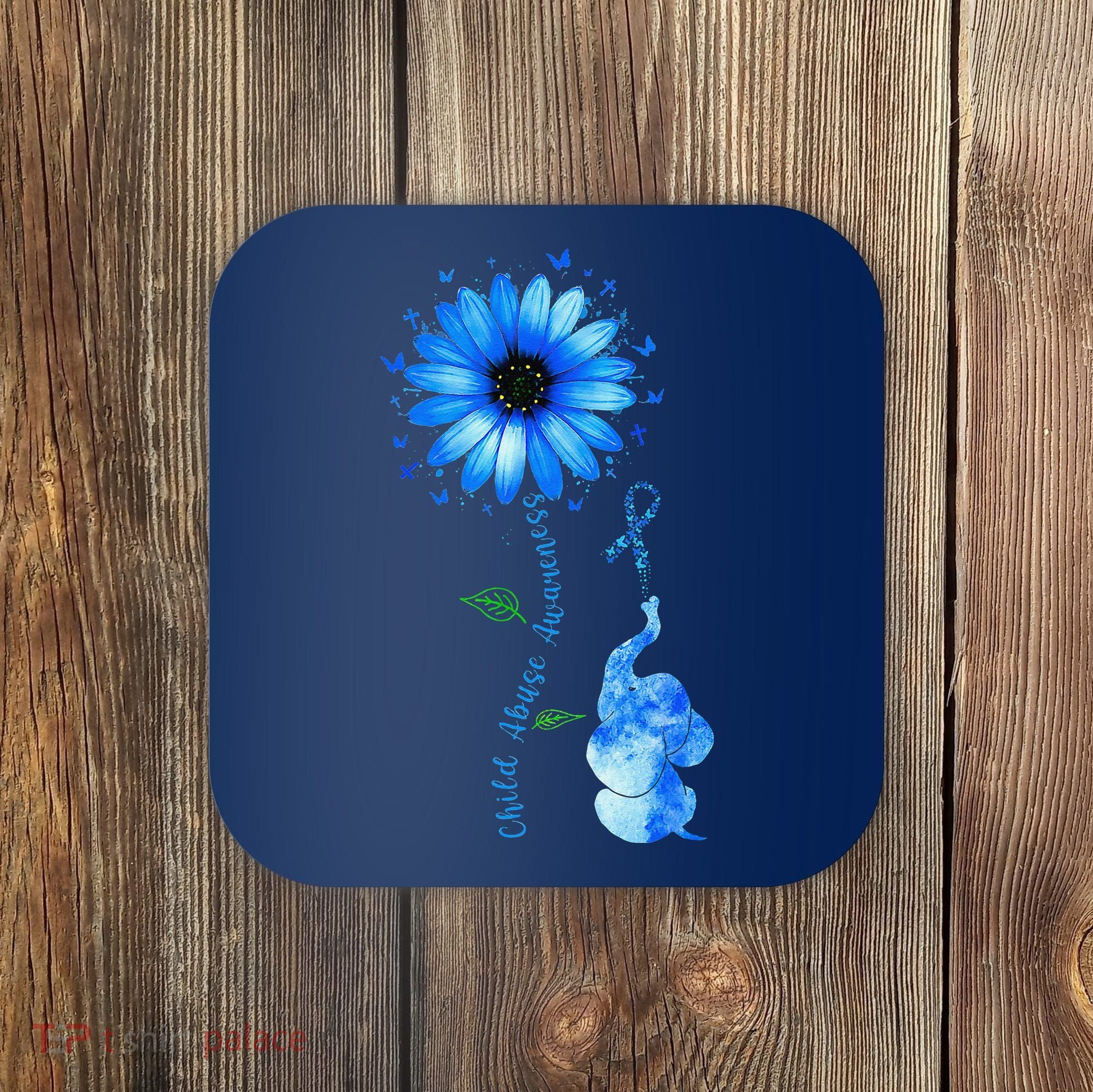 Child Abuse Awareness Sunflower Light Blue Ribbon Elephant Coaster