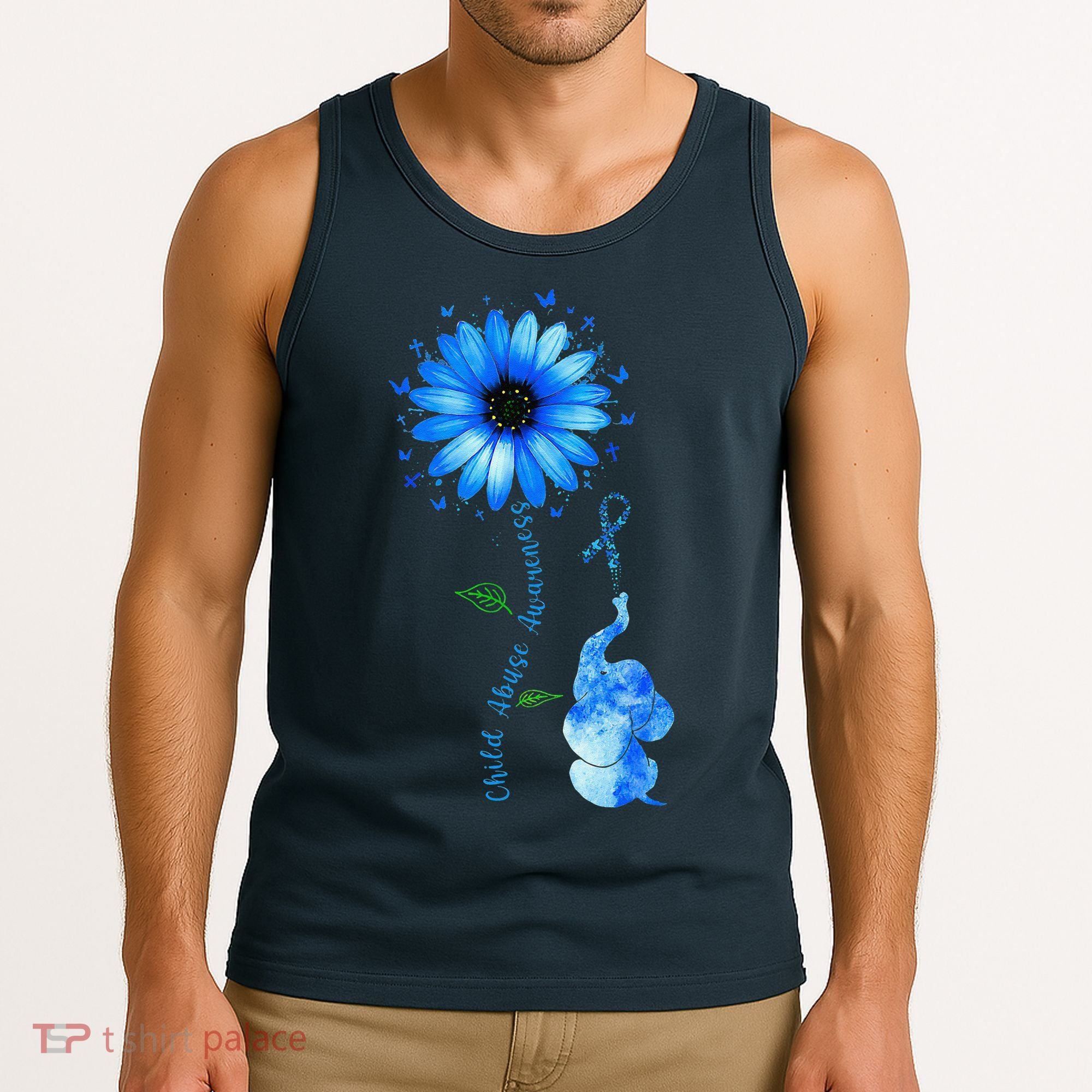 Child Abuse Awareness Sunflower Light Blue Ribbon Elephant Tank Top