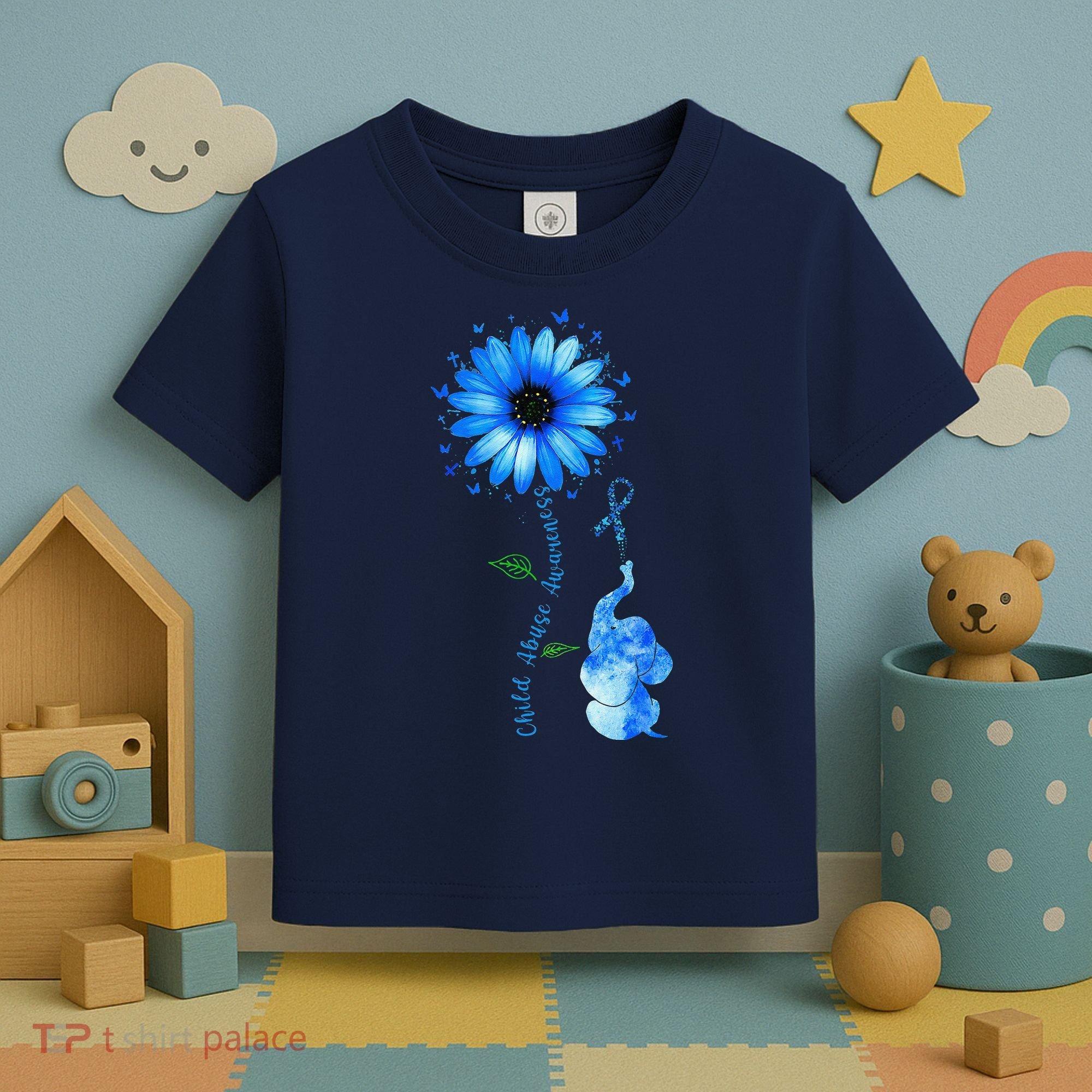 Child Abuse Awareness Sunflower Light Blue Ribbon Elephant Toddler T-Shirt