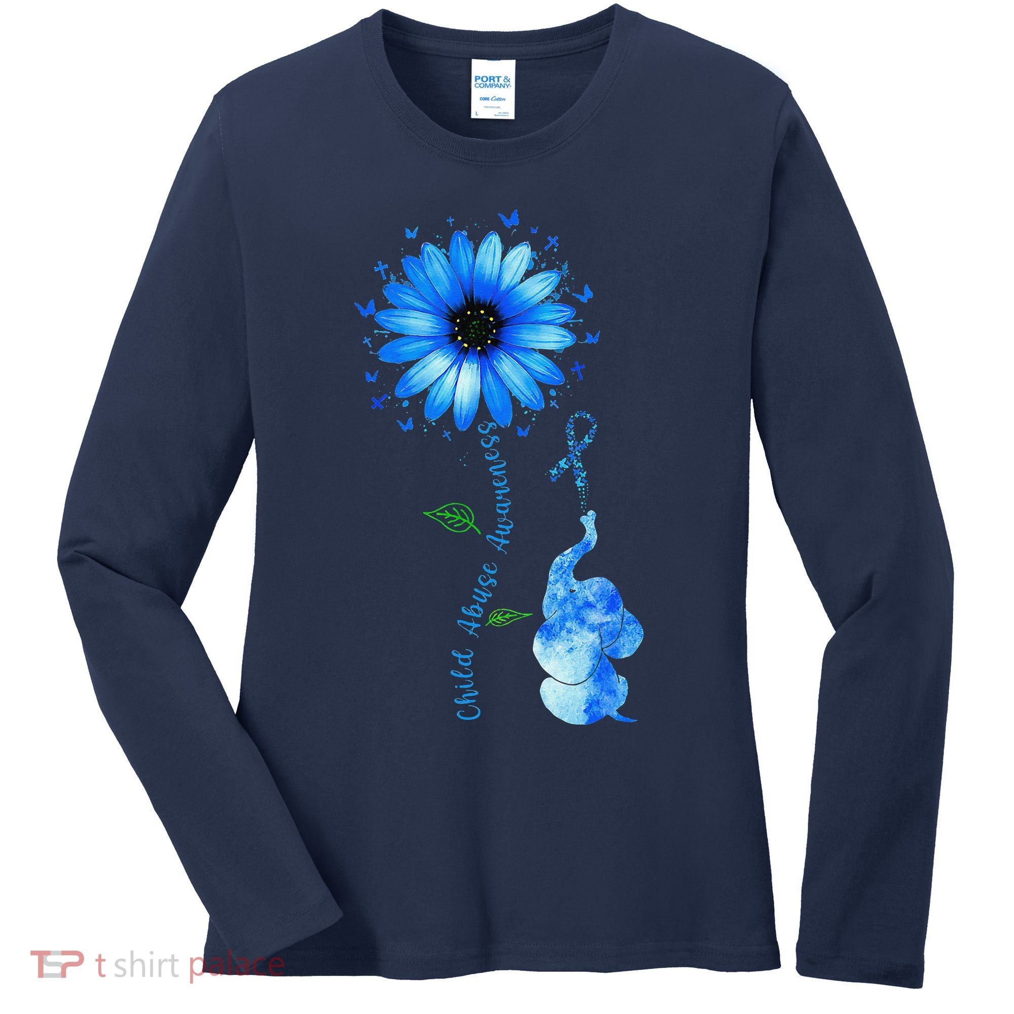 Child Abuse Awareness Sunflower Light Blue Ribbon Elephant Women's Long Sleeve Shirt