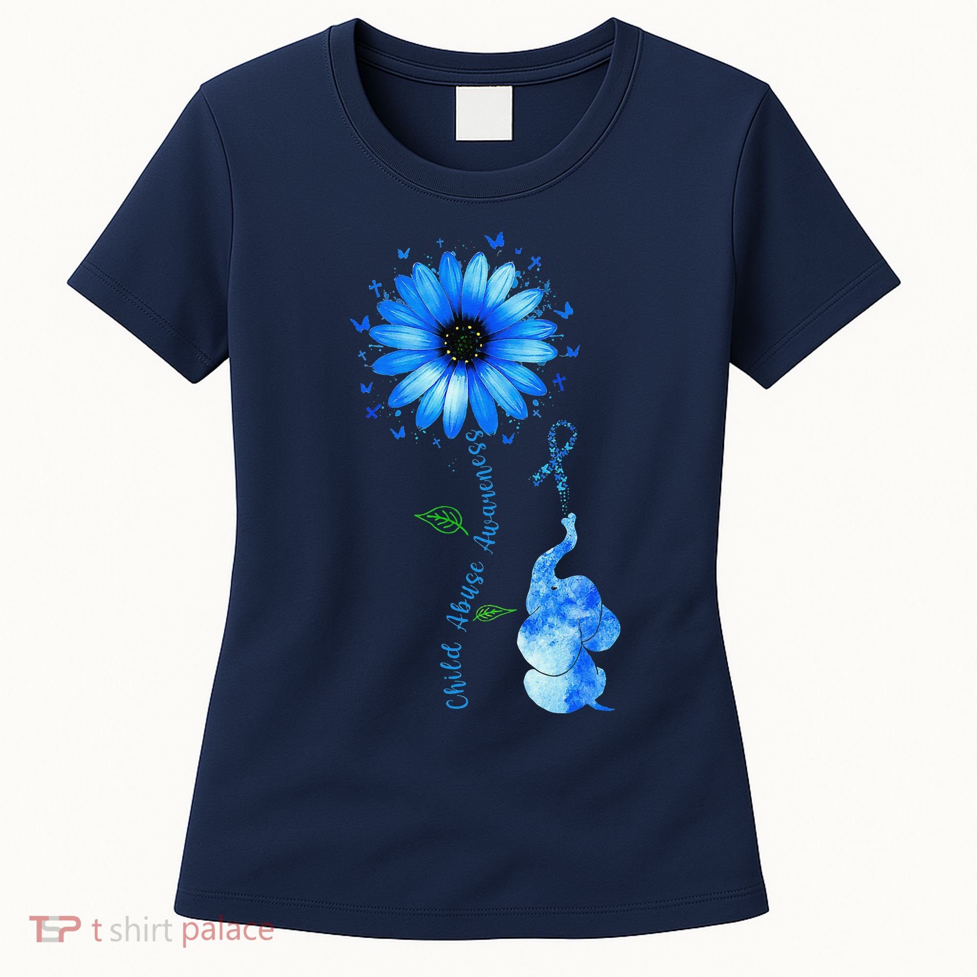 Child Abuse Awareness Sunflower Light Blue Ribbon Elephant Women's T-Shirt