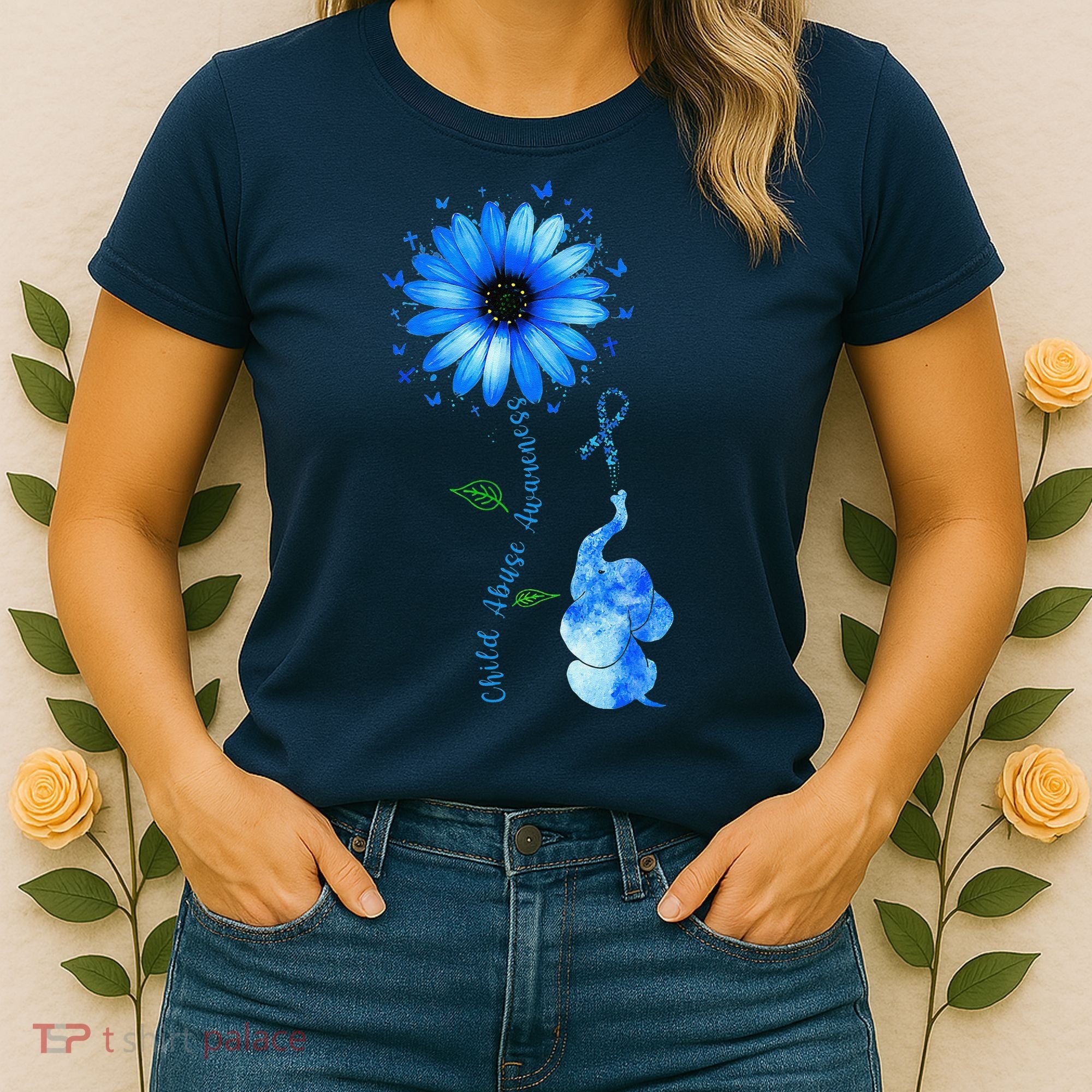 Child Abuse Awareness Sunflower Light Blue Ribbon Elephant Women's T-Shirt
