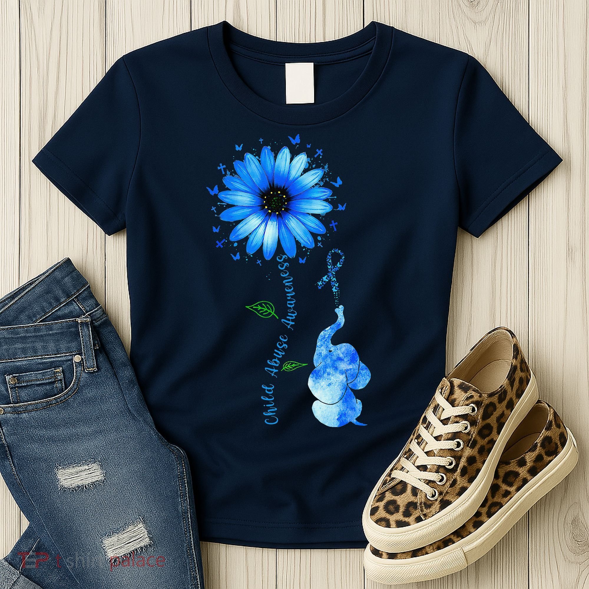 Child Abuse Awareness Sunflower Light Blue Ribbon Elephant Women's T-Shirt