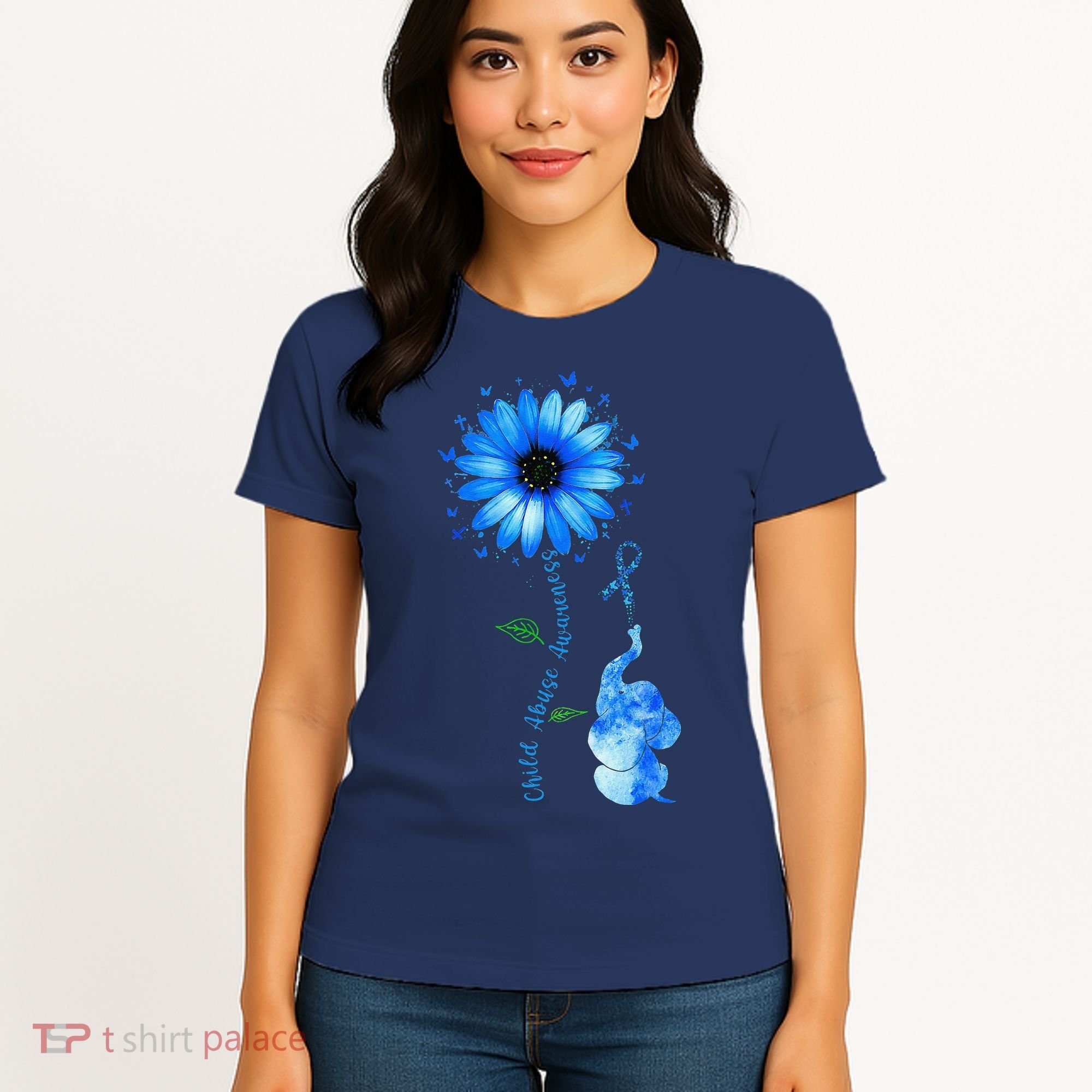 Child Abuse Awareness Sunflower Light Blue Ribbon Elephant Women's T-Shirt