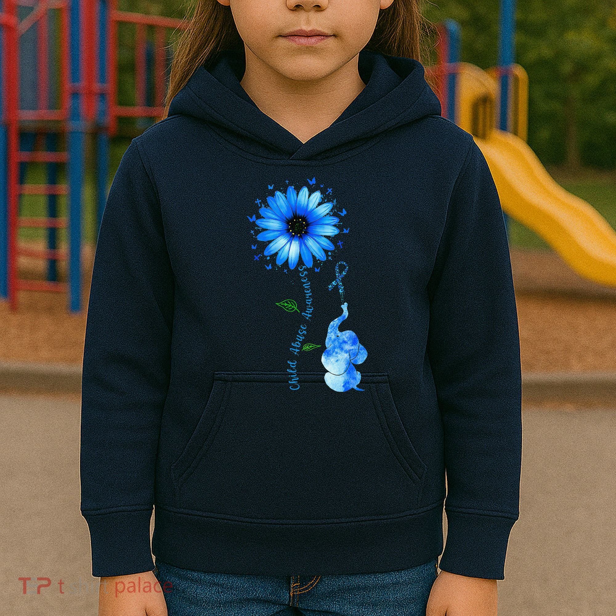 Child Abuse Awareness Sunflower Light Blue Ribbon Elephant Kids Hoodie
