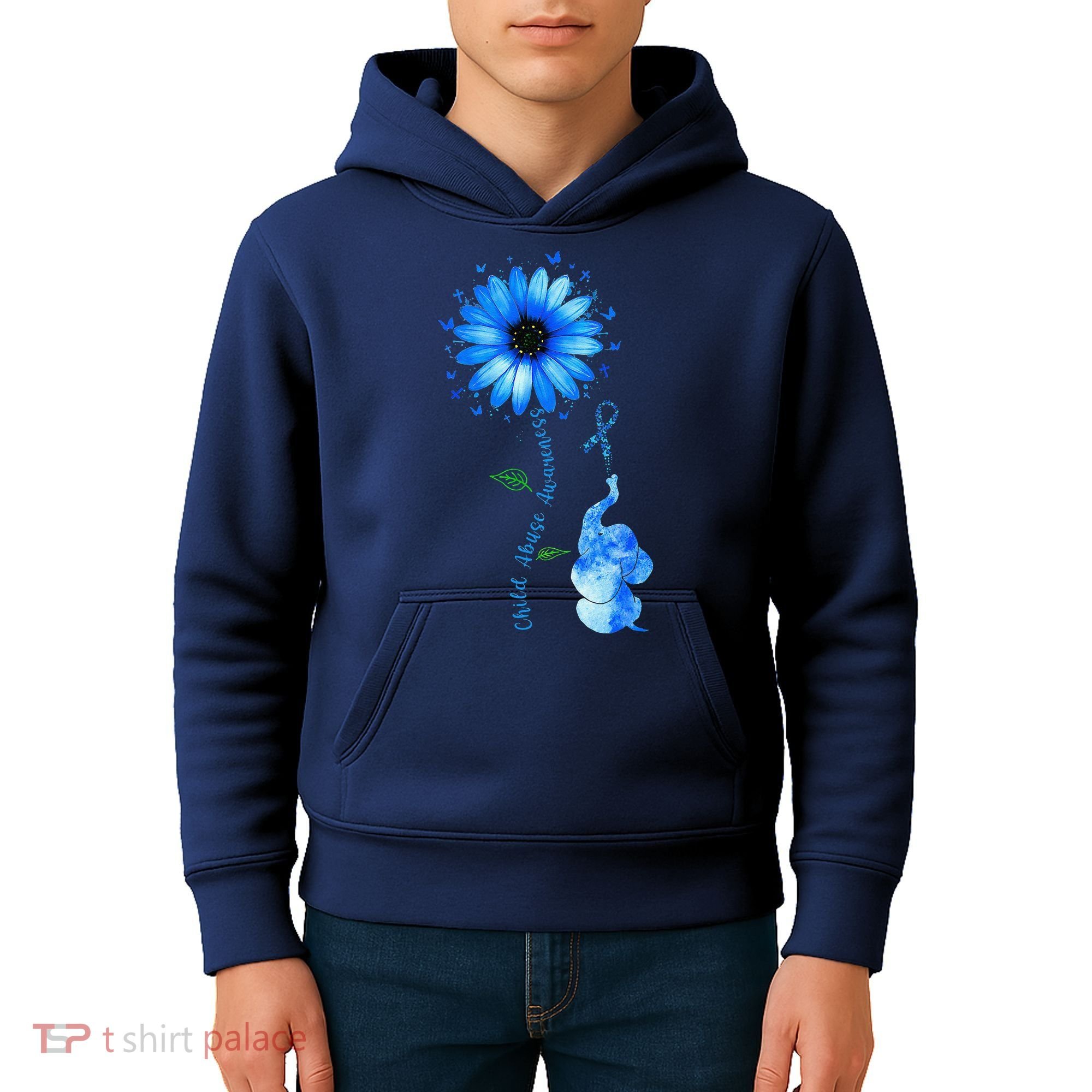 Child Abuse Awareness Sunflower Light Blue Ribbon Elephant Kids Hoodie