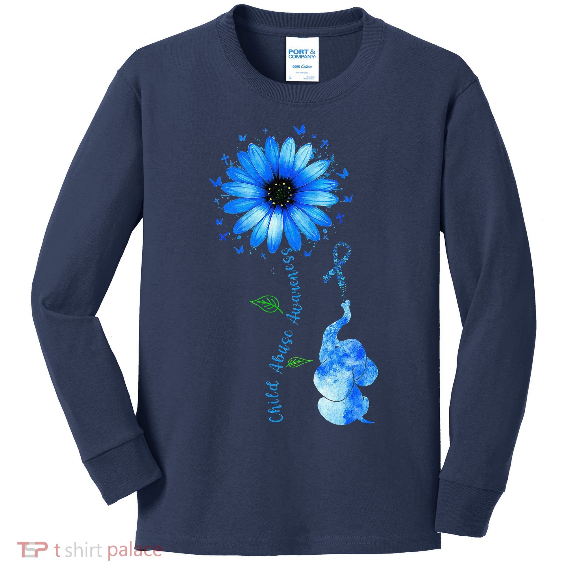Child Abuse Awareness Sunflower Light Blue Ribbon Elephant Kids Long Sleeve Shirt