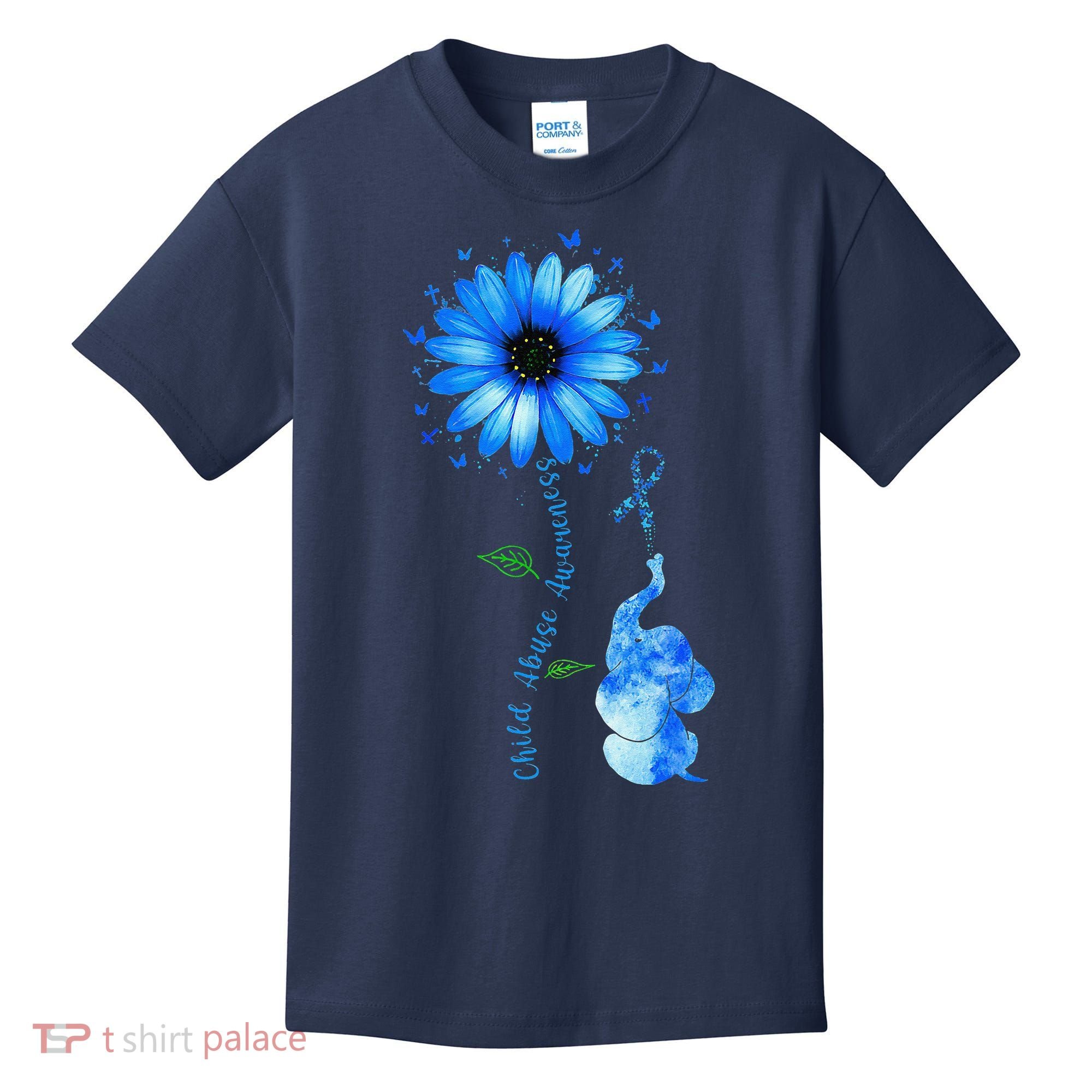 Child Abuse Awareness Sunflower Light Blue Ribbon Elephant Kids T-Shirt